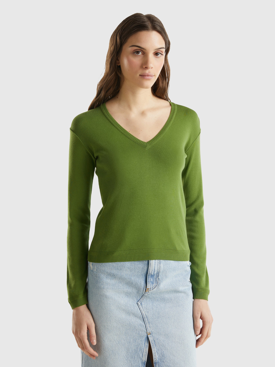 Benetton, V-neck Sweater In Pure Cotton, Military Green, Women