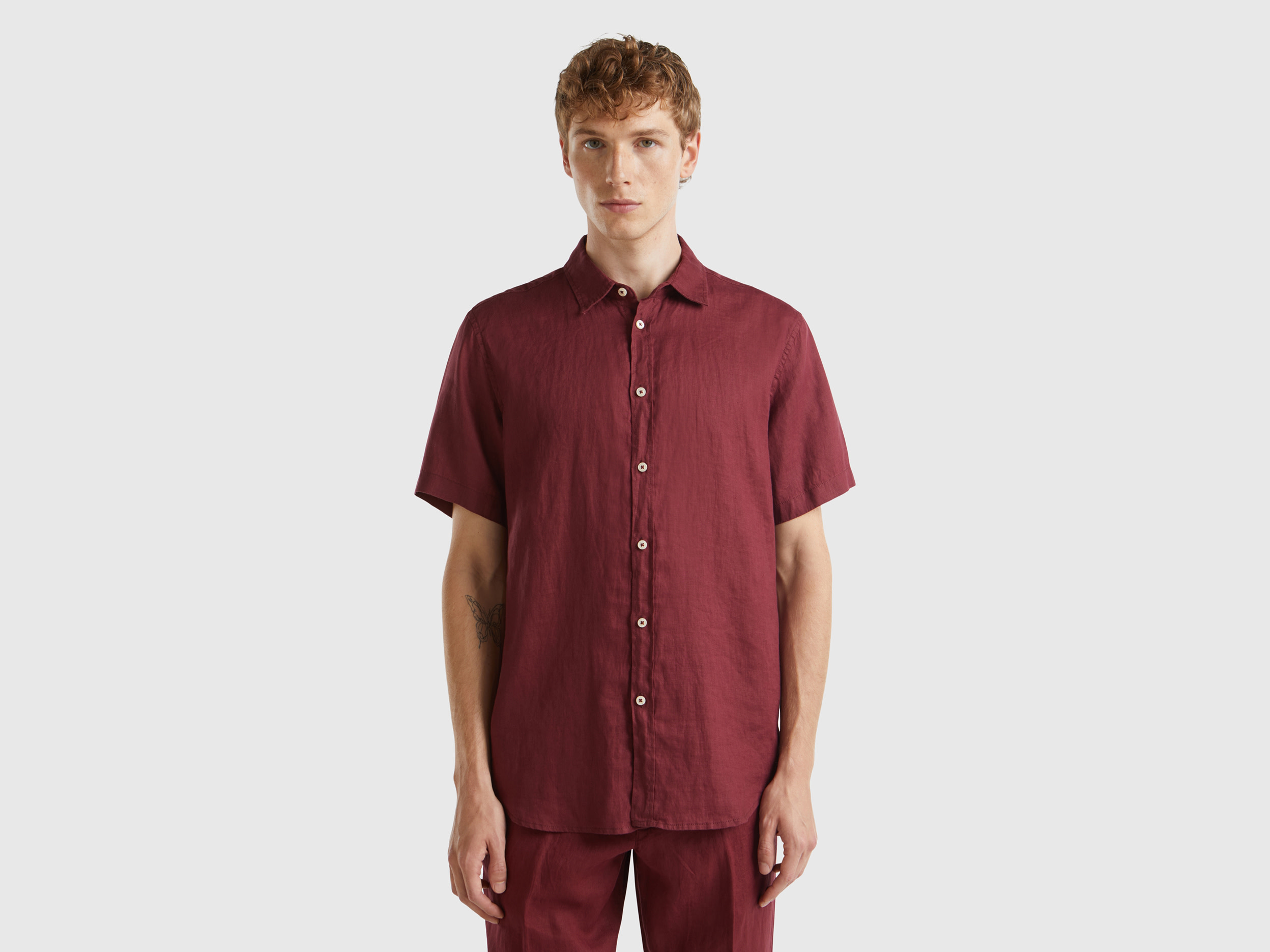 Benetton, Camicia A Manica Corta In Puro Lino, Bordeaux, Uomo