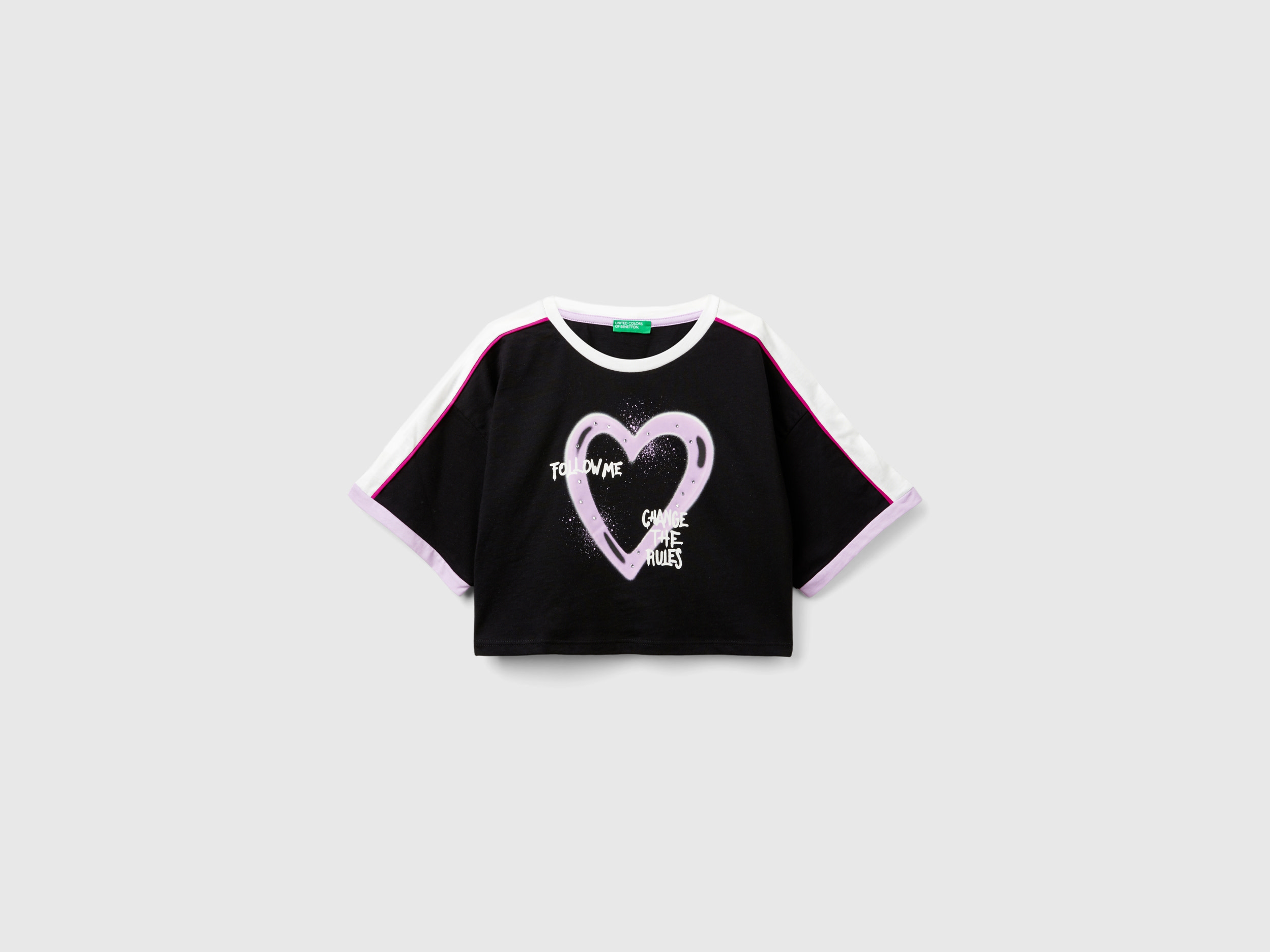 Benetton, T-shirt Con Stampa Graffiti E Strass, Nero, Bambini