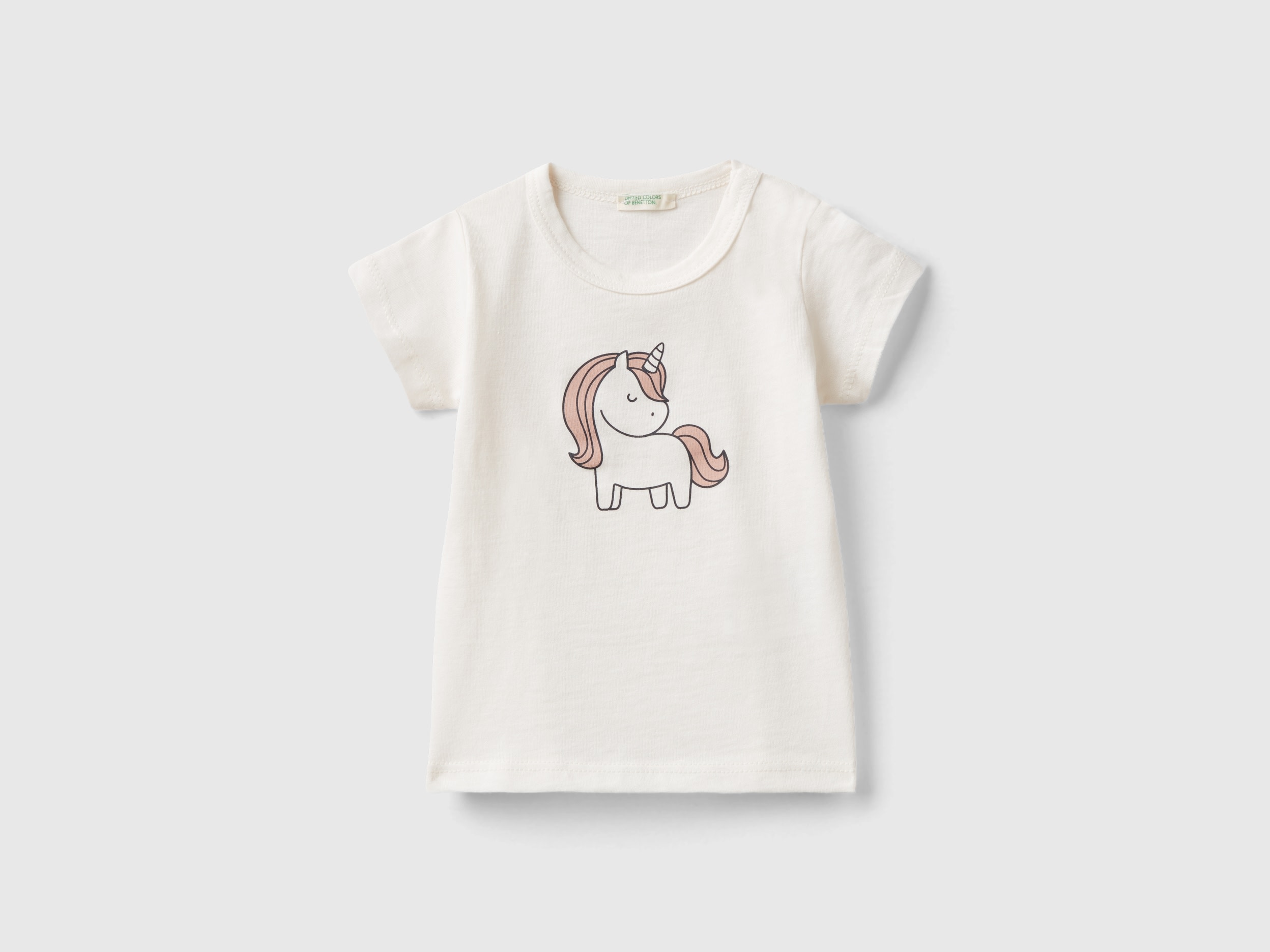 Image of Benetton, Short Sleeve T-shirt In Organic Cotton, size 74, Creamy White, Kids