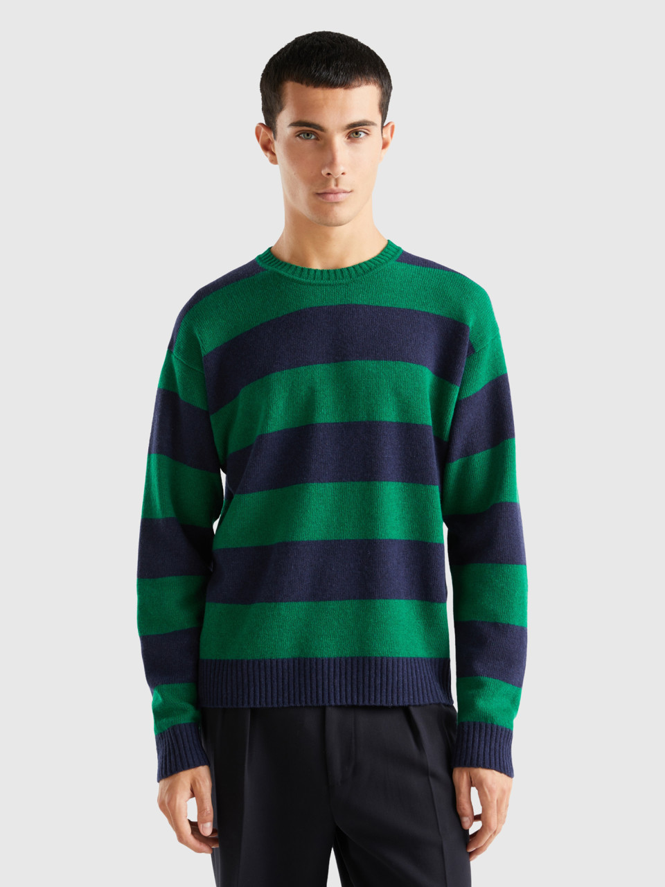 Benetton, Sweater With Two-tone Stripes, Green, Men