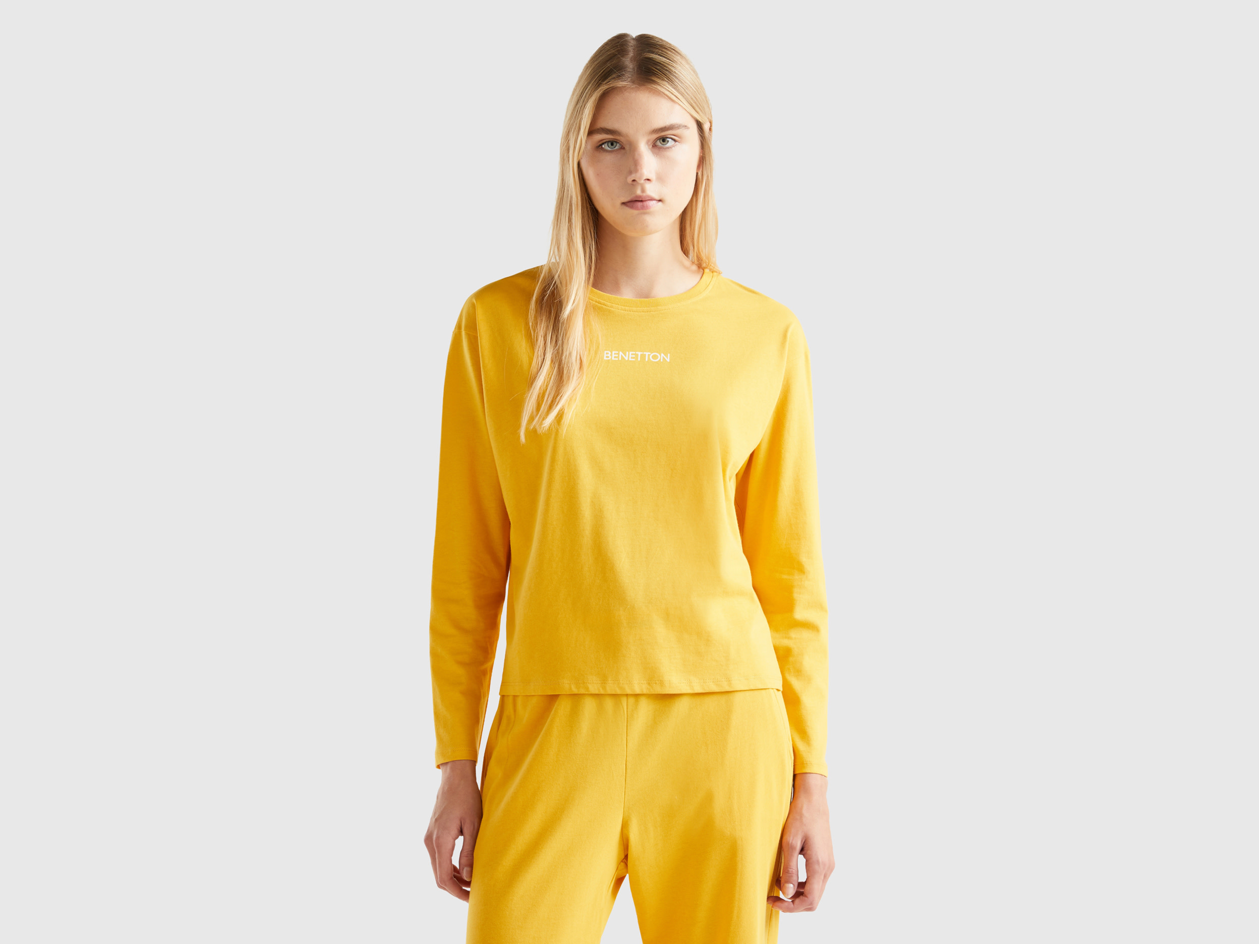 Benetton, T-shirt With Logo Print, size L, Yellow, Women