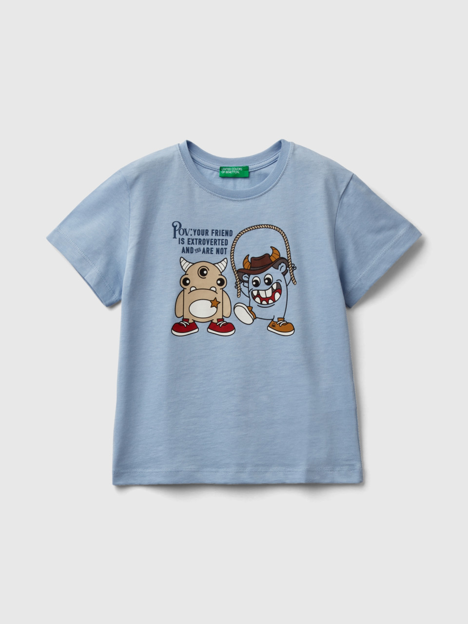 Benetton, Camiseta Con Estampado De Animalitos, Celeste, Niños