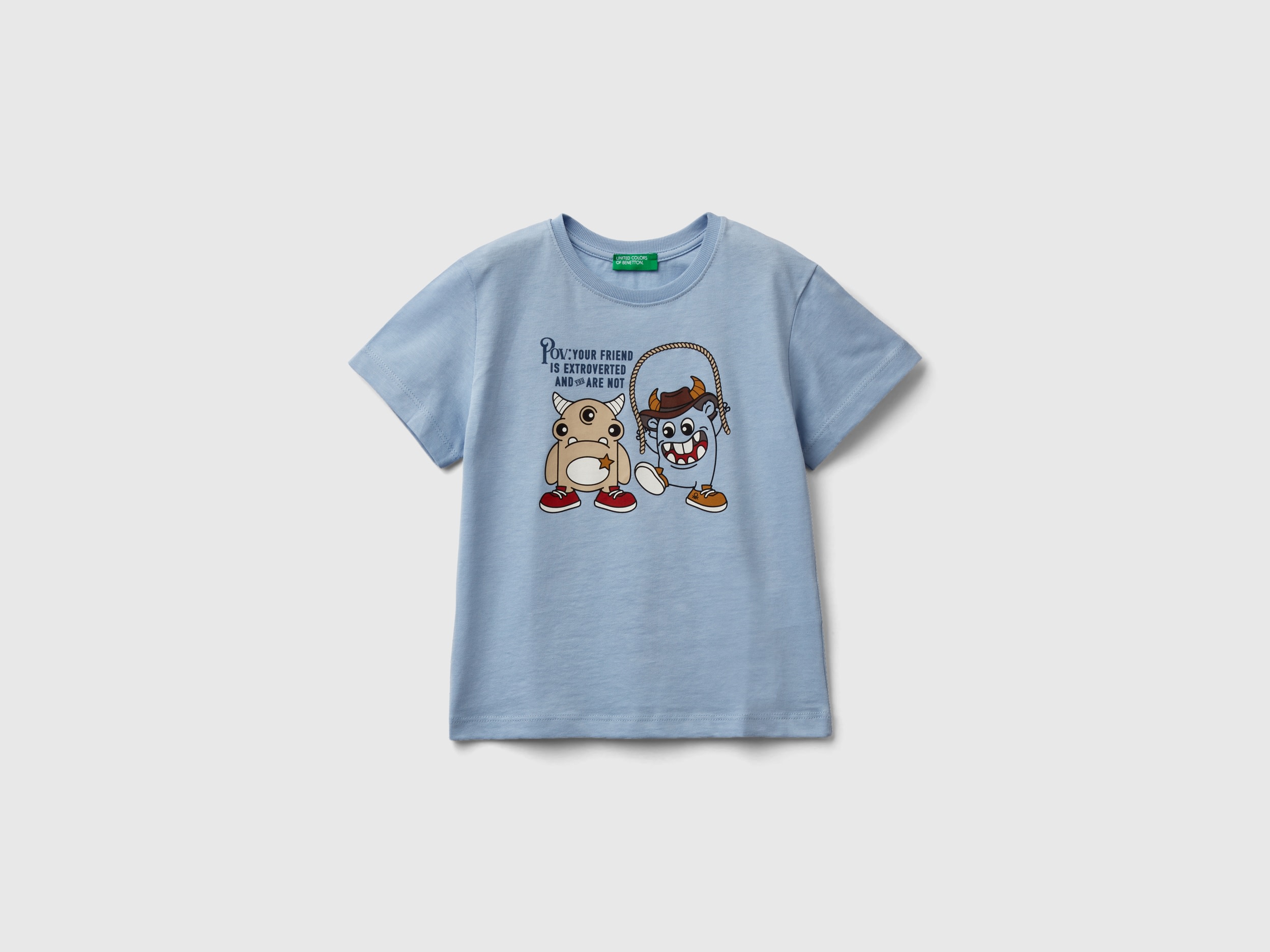 Benetton, T-shirt With Animal Print, size 5-6, Sky Blue, Kids
