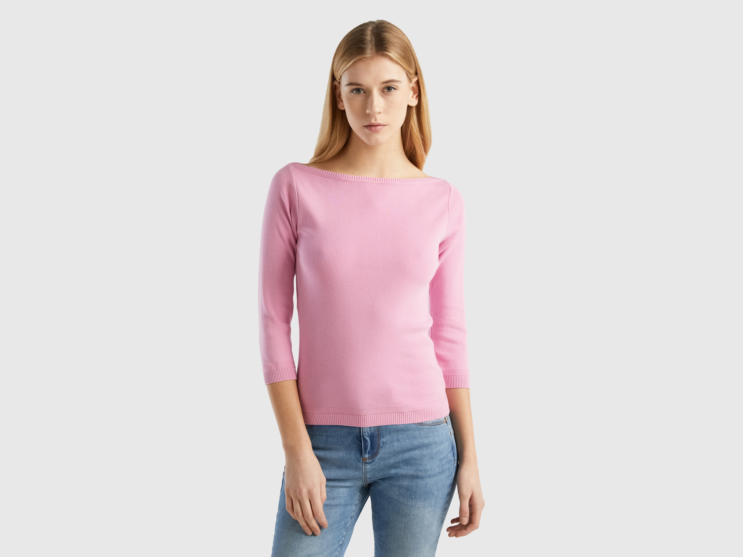 Benetton, 100% Cotton Boat Neck Sweater, size L, Pastel Pink, Women
