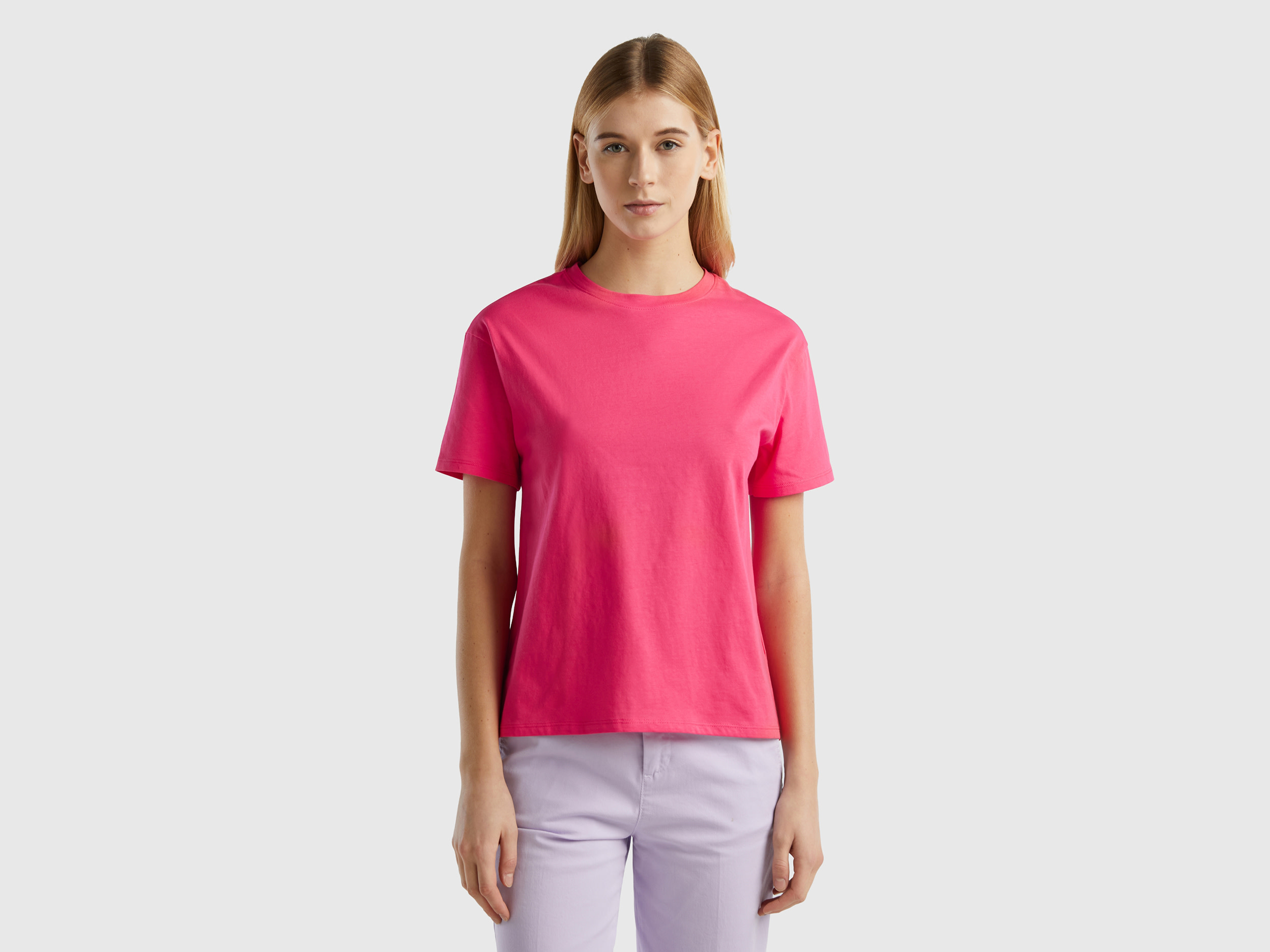 Benetton, Short Sleeve 100% Cotton T-shirt, size M, Fuchsia, Women