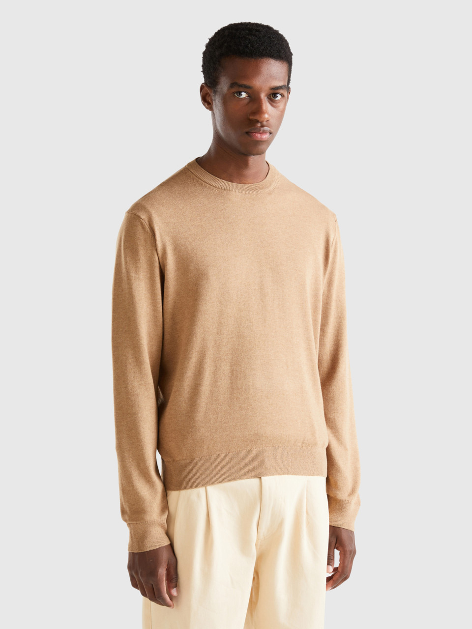 Benetton, Cotton And Wool Crew Neck Sweater, Camel, Men