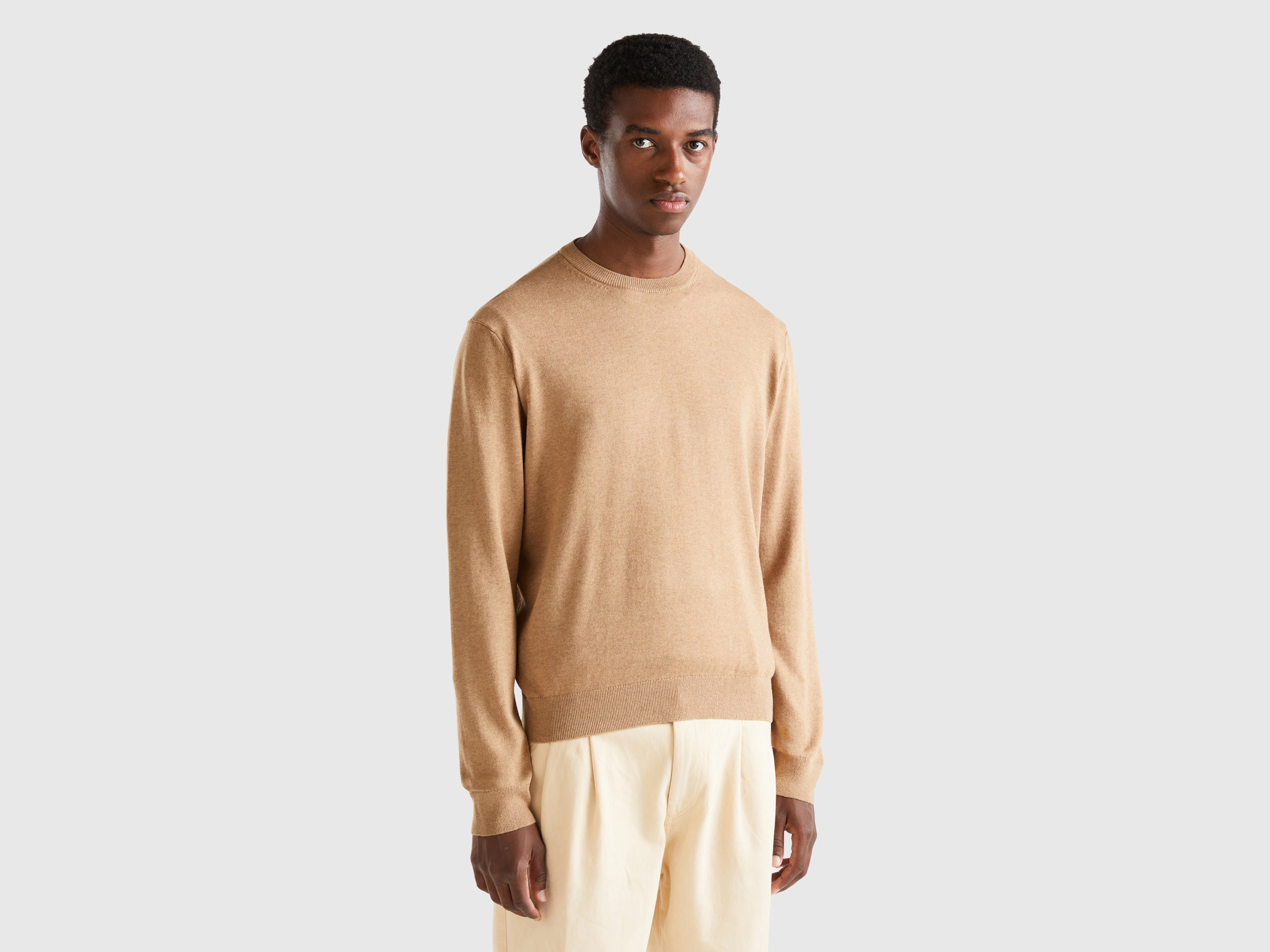 Benetton, Cotton And Wool Crew Neck Sweater, size XXL, Camel, Men