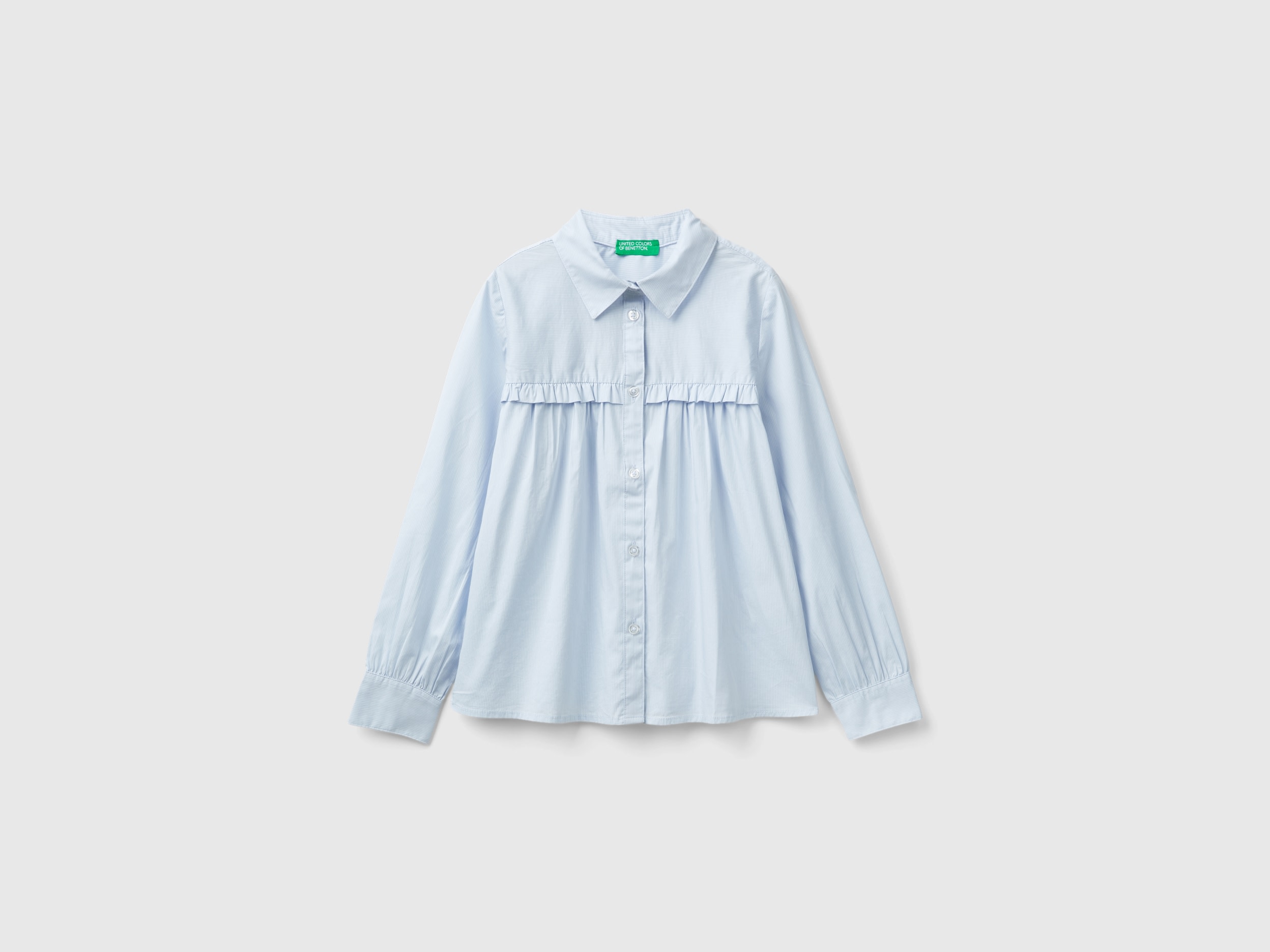 Benetton, Camicia Con Rouches Sul Carré, Celeste, Bambini