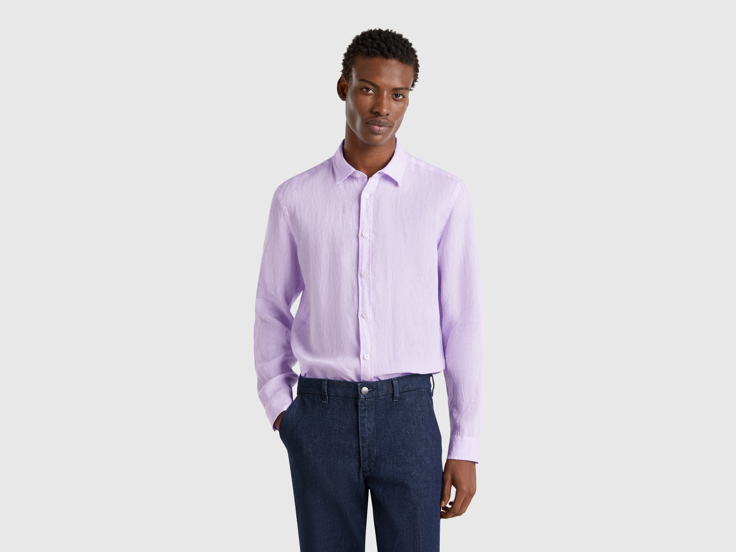 Benetton, Πουκάμισο Λιλά Με Σχέδια Από Αγνό Λινό, size XL, Λιλα, Ανδρικά φωτογραφία