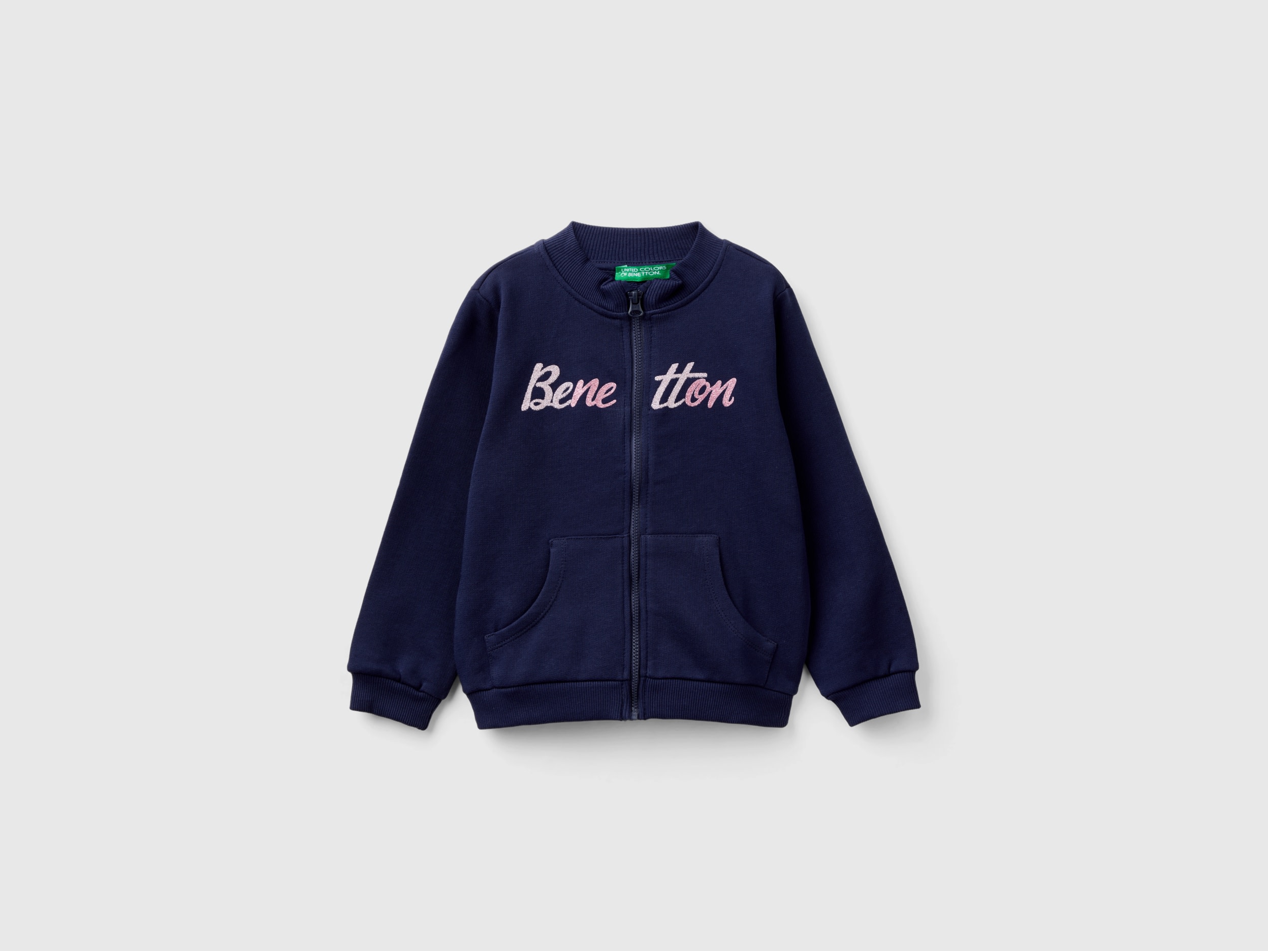Benetton, Felpa Con Zip In Cotone Bio, Blu Scuro, Bambini