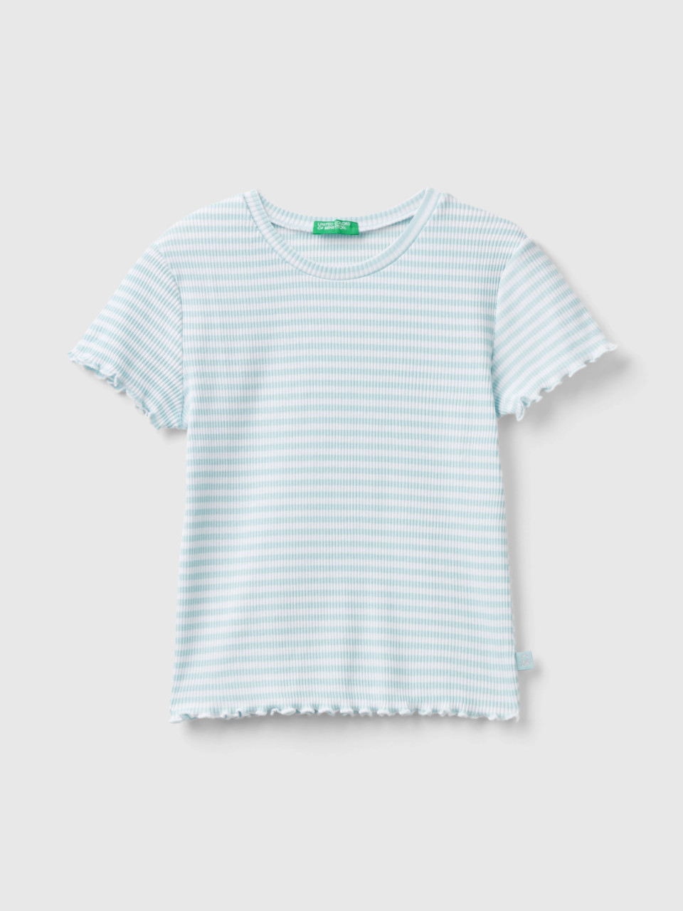 Benetton, T-shirt Rayé En Coton Stretch, Bleu Vert, Enfants