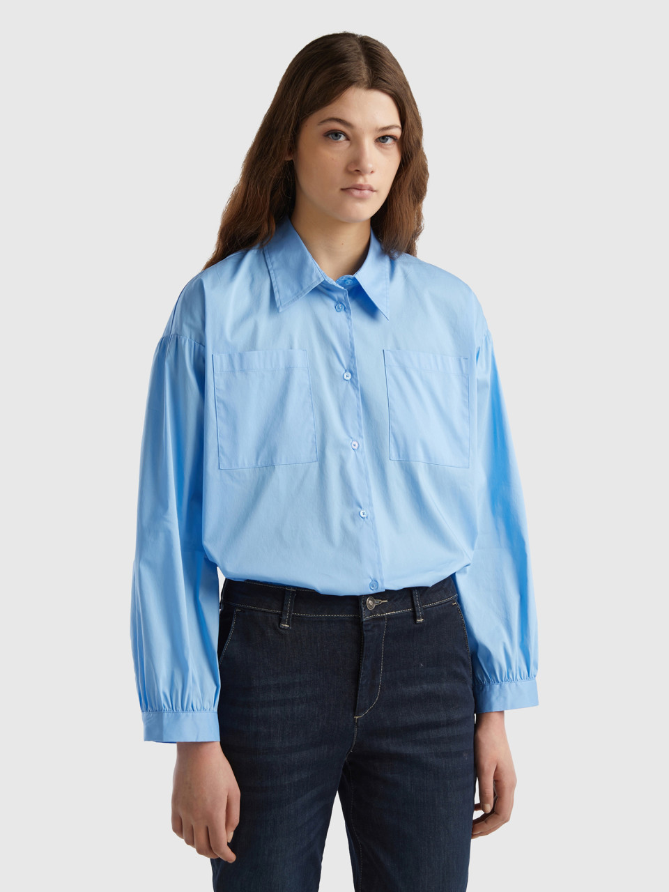 Benetton, Camisa Boxy Fit Con Mangas Abullonadas, Azul, Mujer