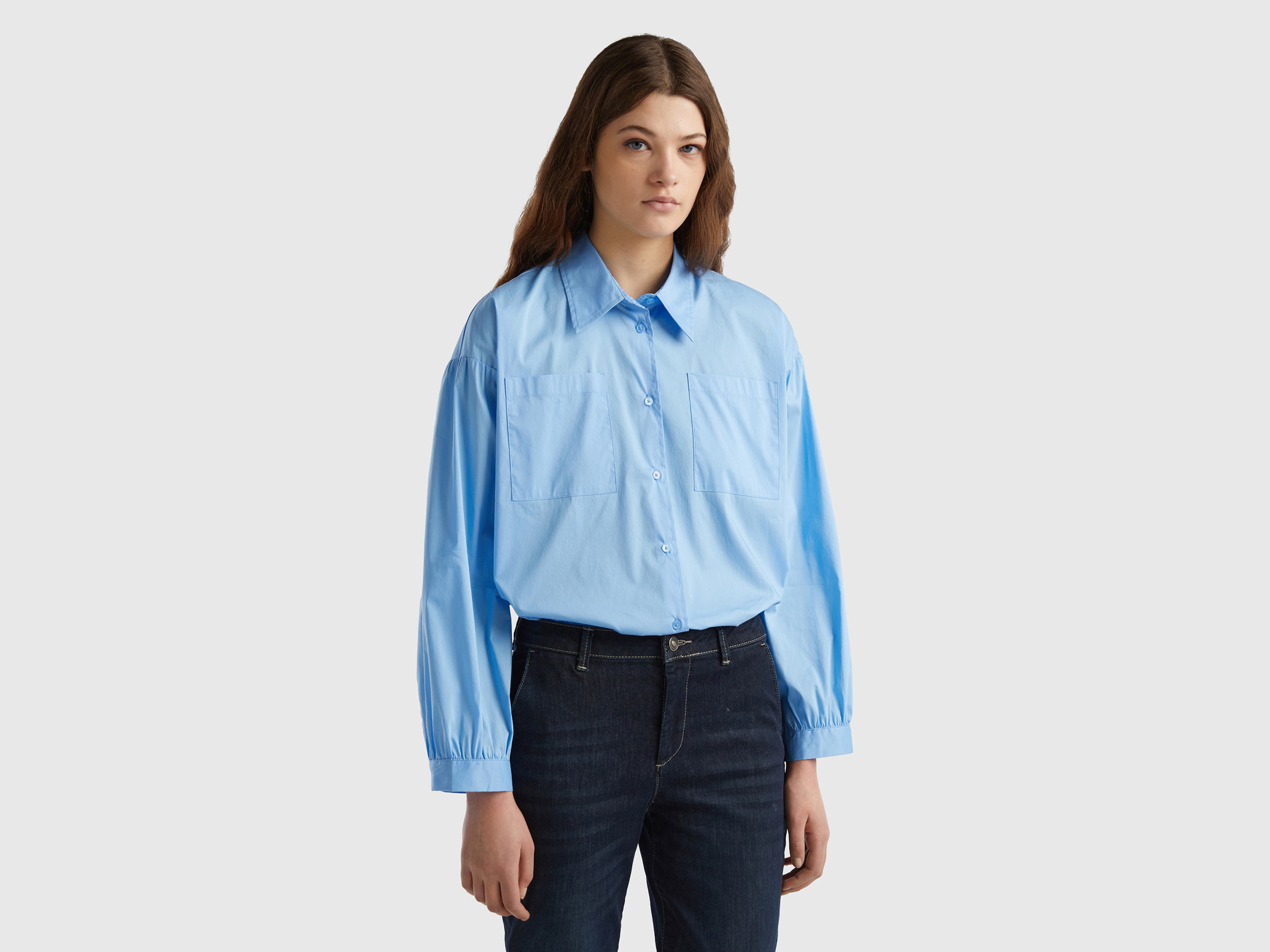 Benetton, Camicia Boxy Fit Manica A Palloncino, Blu Chiaro, Donna