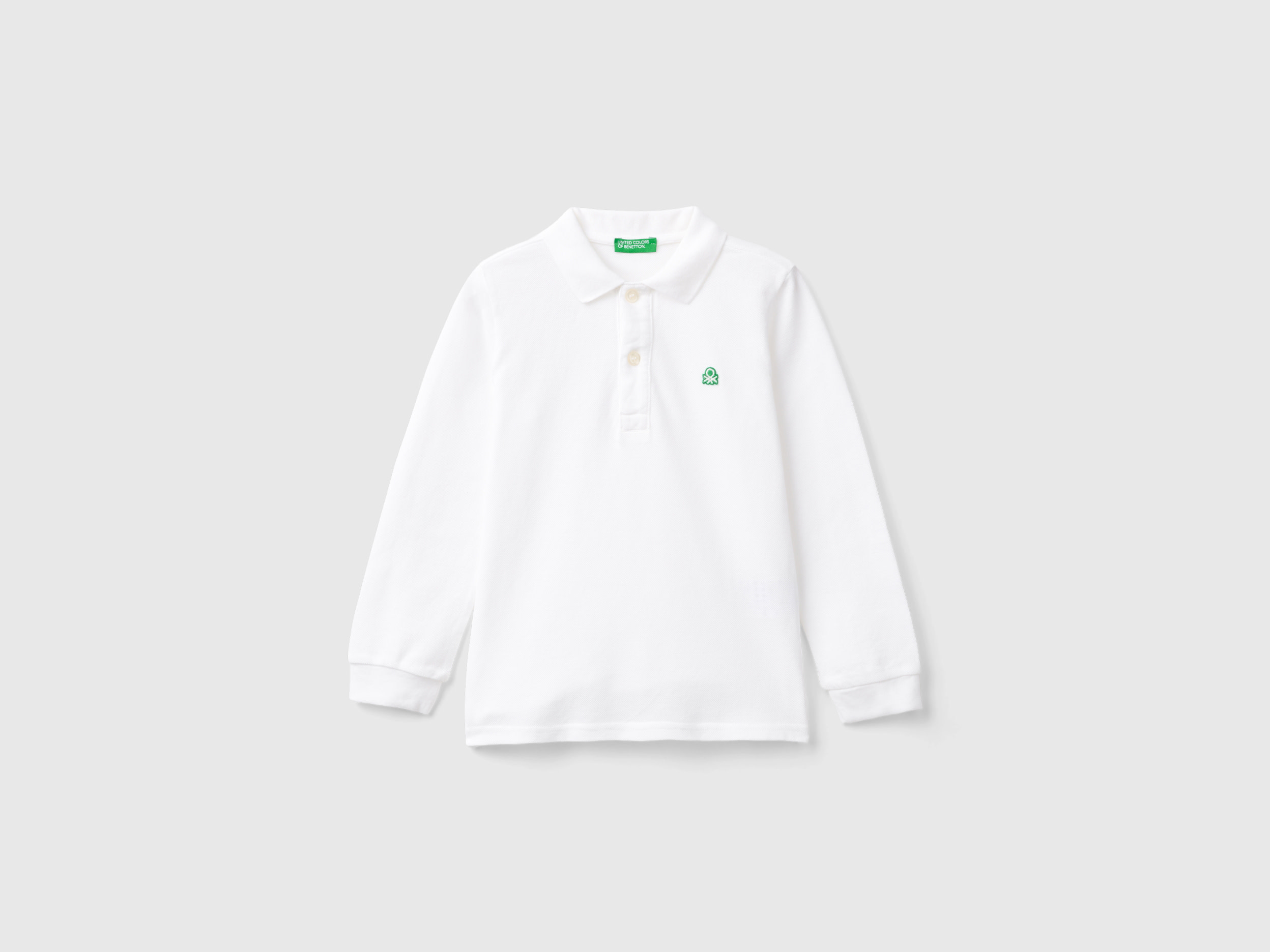 Image of Benetton, Long Sleeve Polo In Organic Cotton, size 98, White, Kids