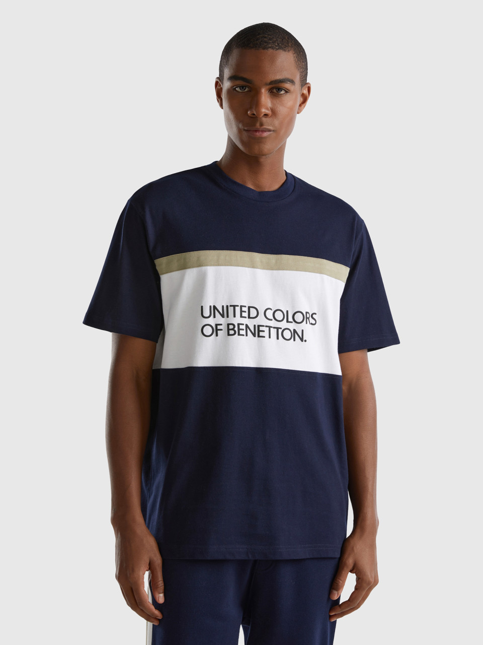 Benetton, Dark Blue T-shirt With Logo Band, Dark Blue, Men