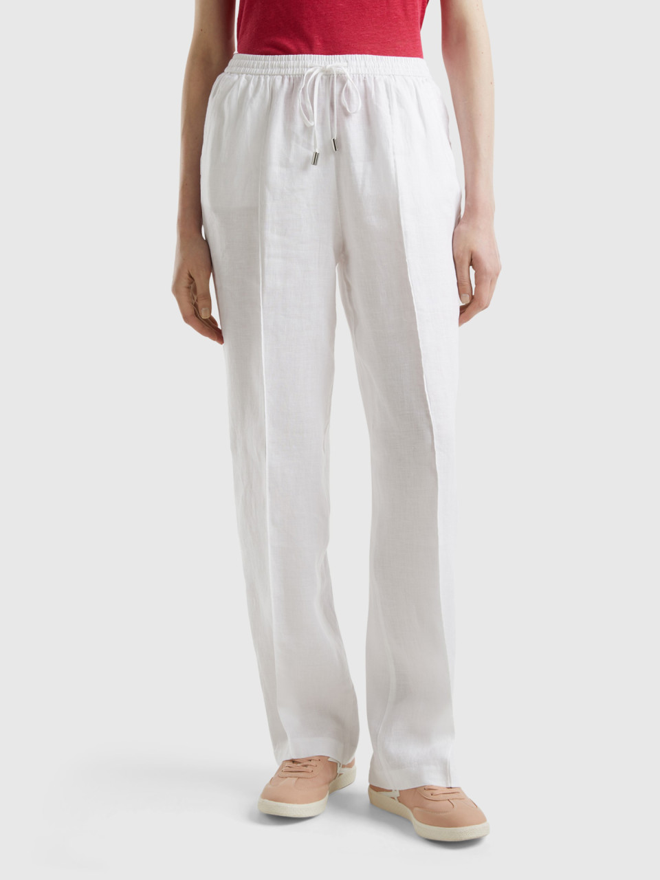 Benetton, Trousers In Pure Linen With Elastic, White, Women