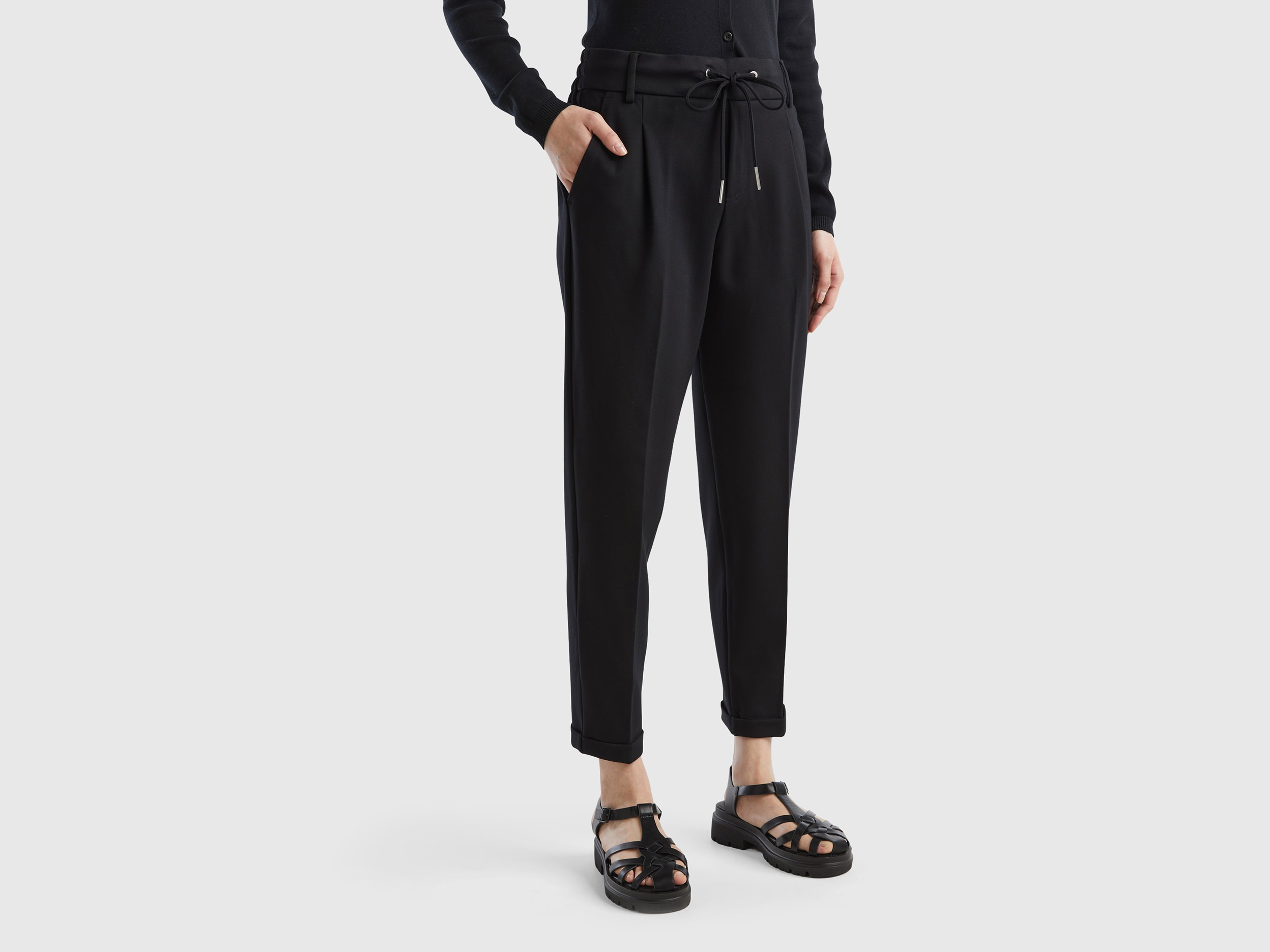 Benetton, Pantaloni Tinta Unita Con Coulisse, Nero, Donna