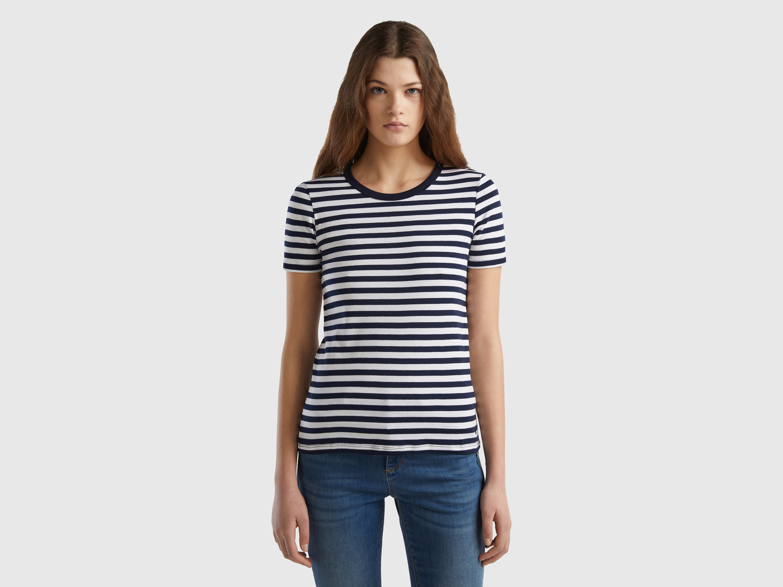 Benetton Online exclusive, T-shirt Girocollo A Righe, Blu Scuro, Donna