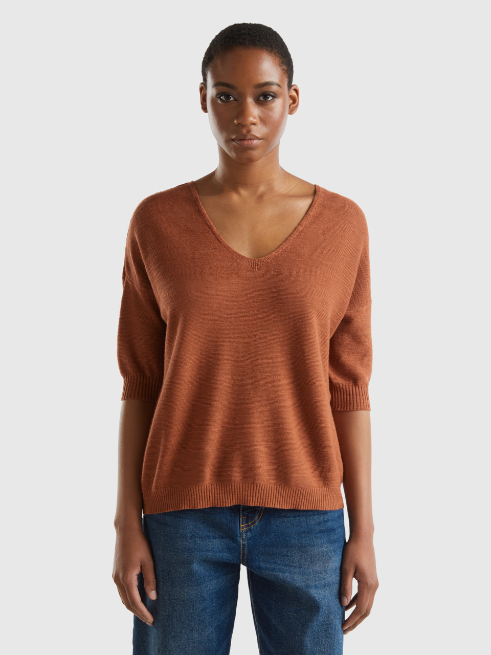 Benetton, Sweater In Linen And Cotton Blend, Brown, Women