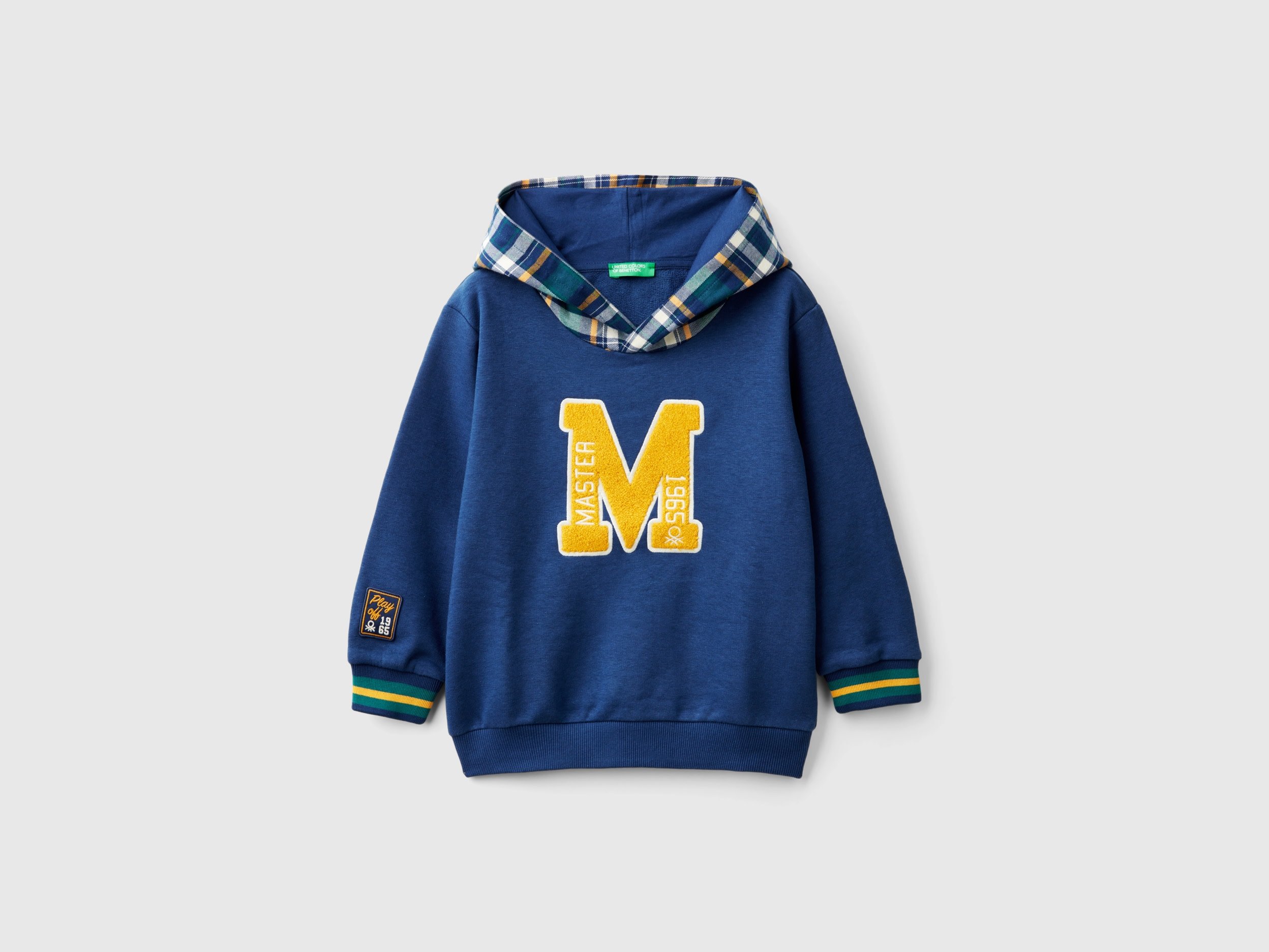 Benetton, Felpa Con Cappuccio Tartan, Blu, Bambini