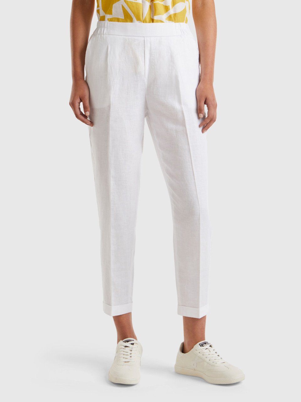 Benetton, Regular Fit Pure Linen Trousers, White, Women