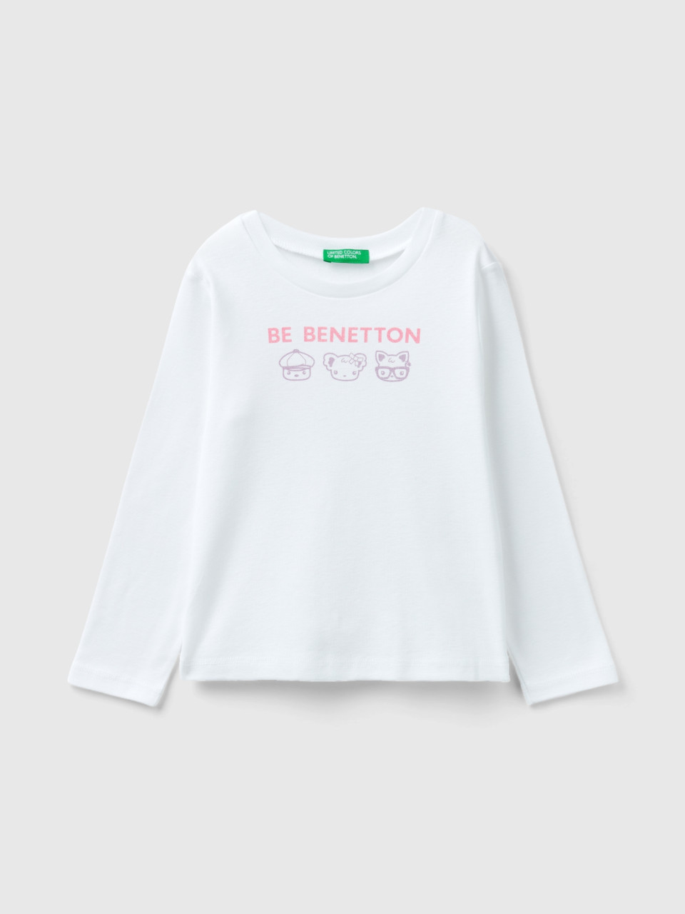 Benetton, T-shirt Manica Lunga Con Stampa Glitter, Bianco, Bambini