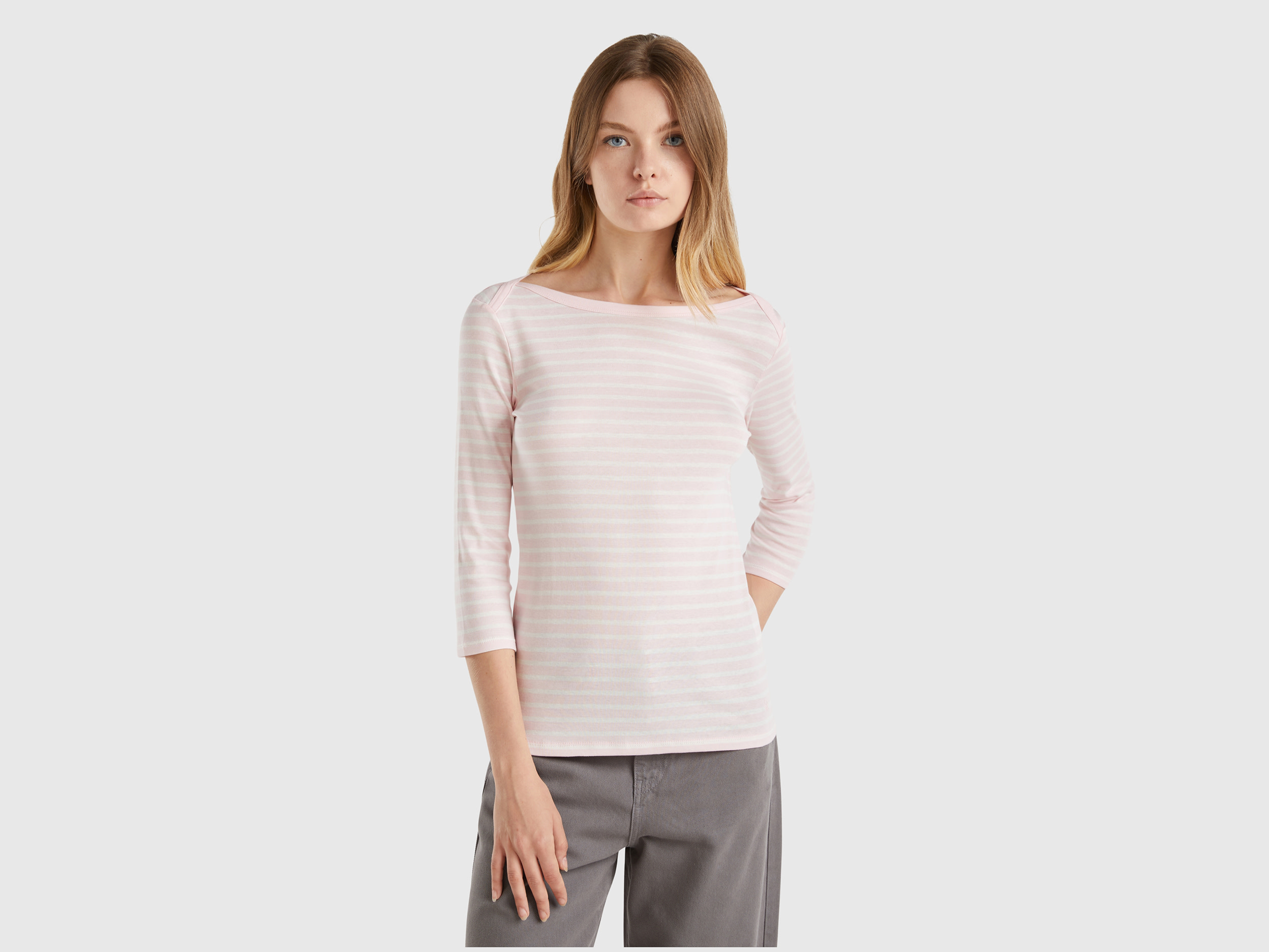 Benetton, T-shirt Manica 3/4 A Righe In Puro Cotone, Rosa Pastello, Donna