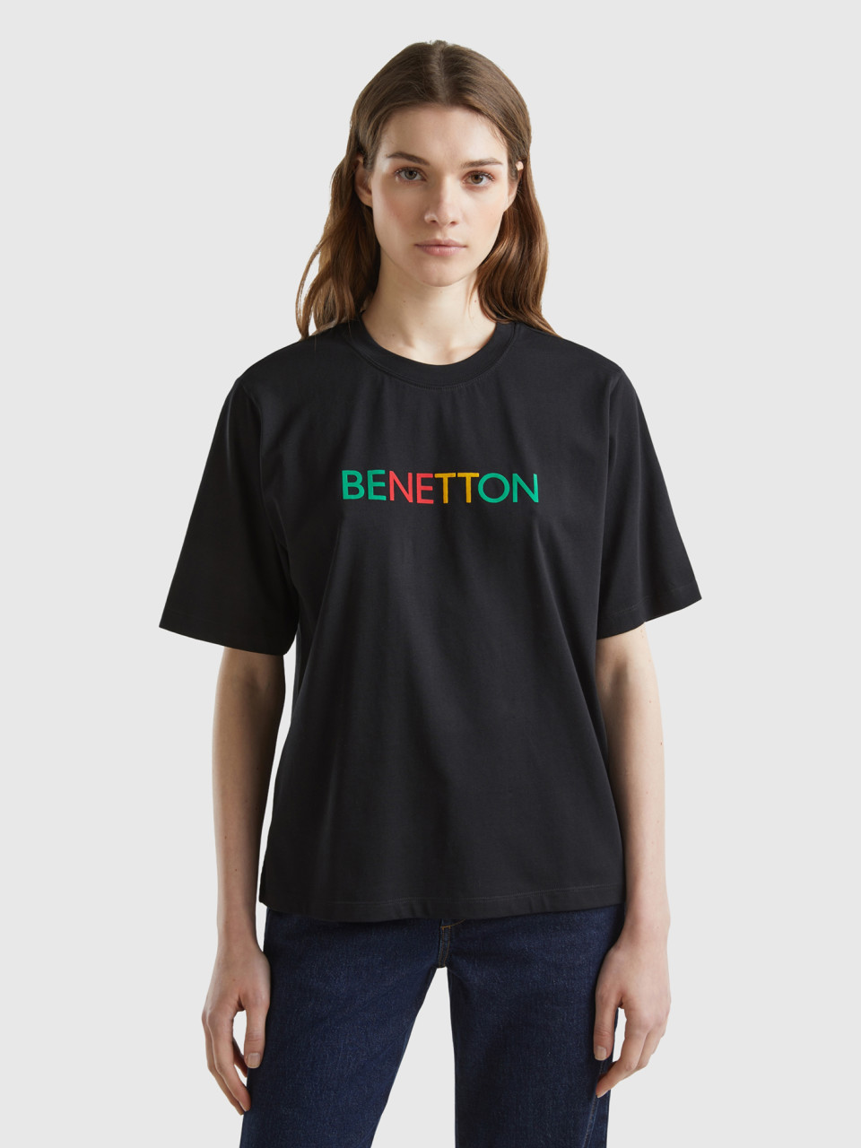 Benetton, T-shirt Con Stampa Logo, Nero, Donna