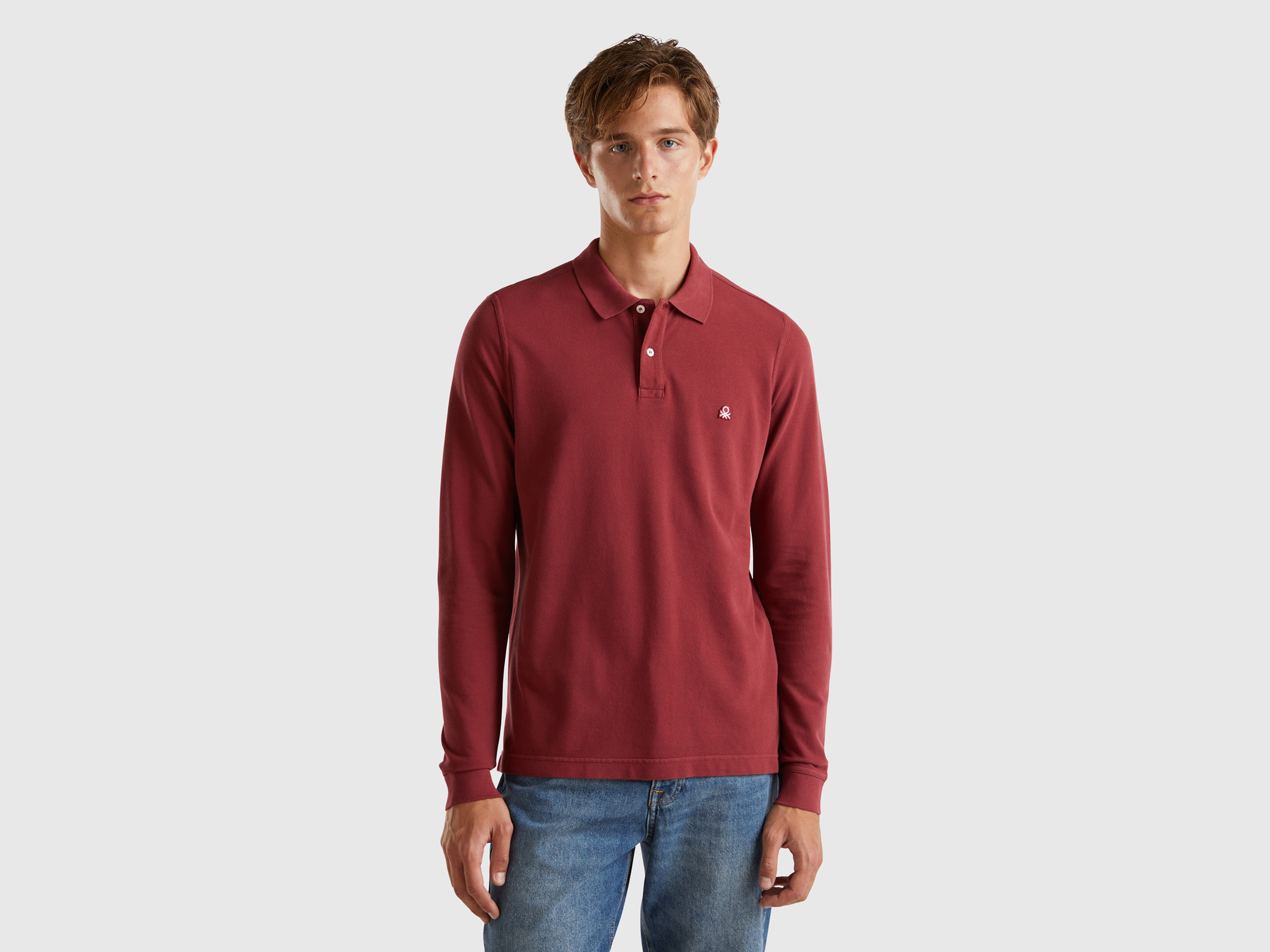 Benetton, Polo A Manica Lunga 100% Cotone, Bordeaux, Uomo