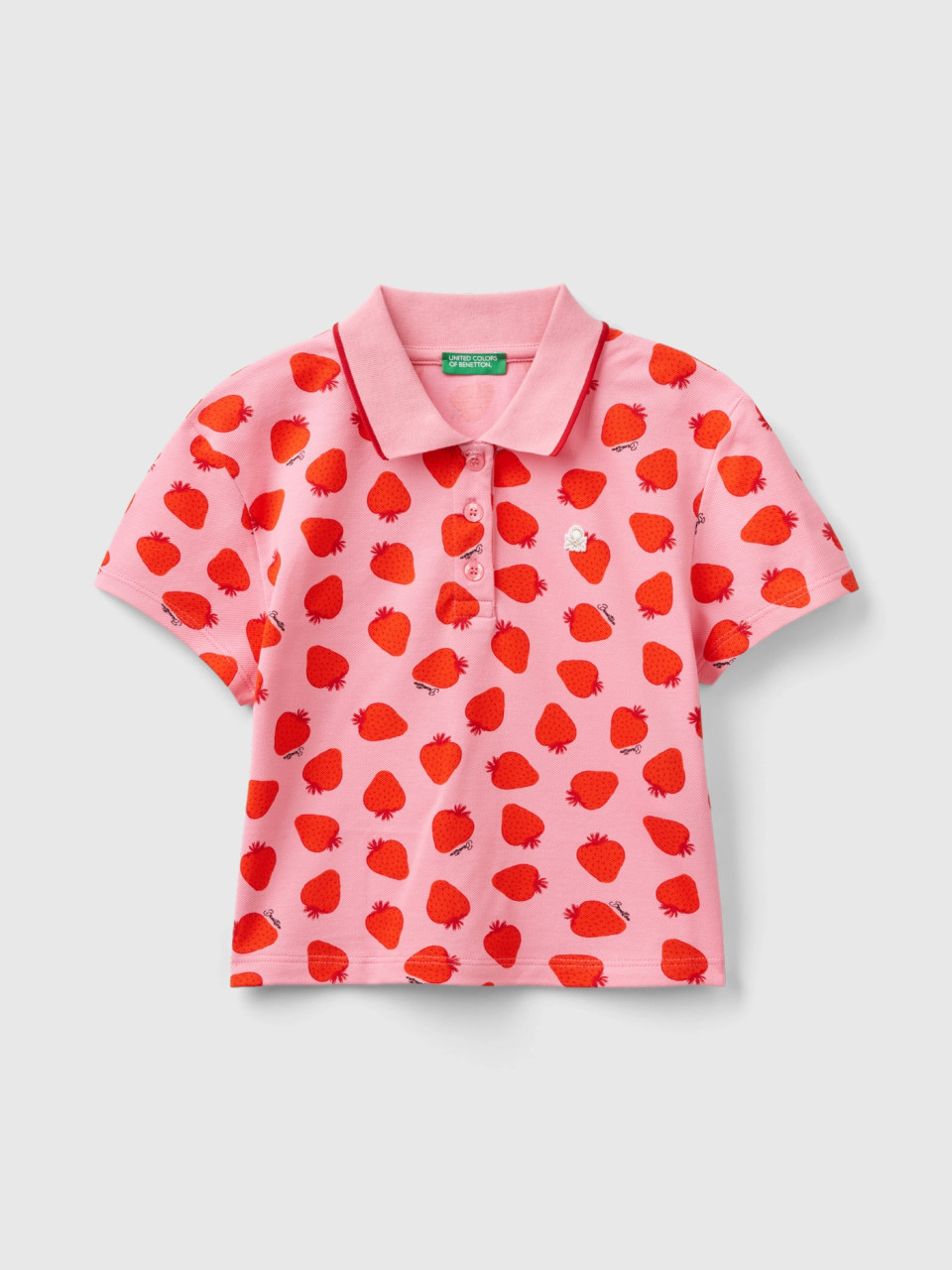 Benetton, Pink Polo With Strawberry Pattern, Pink, Kids