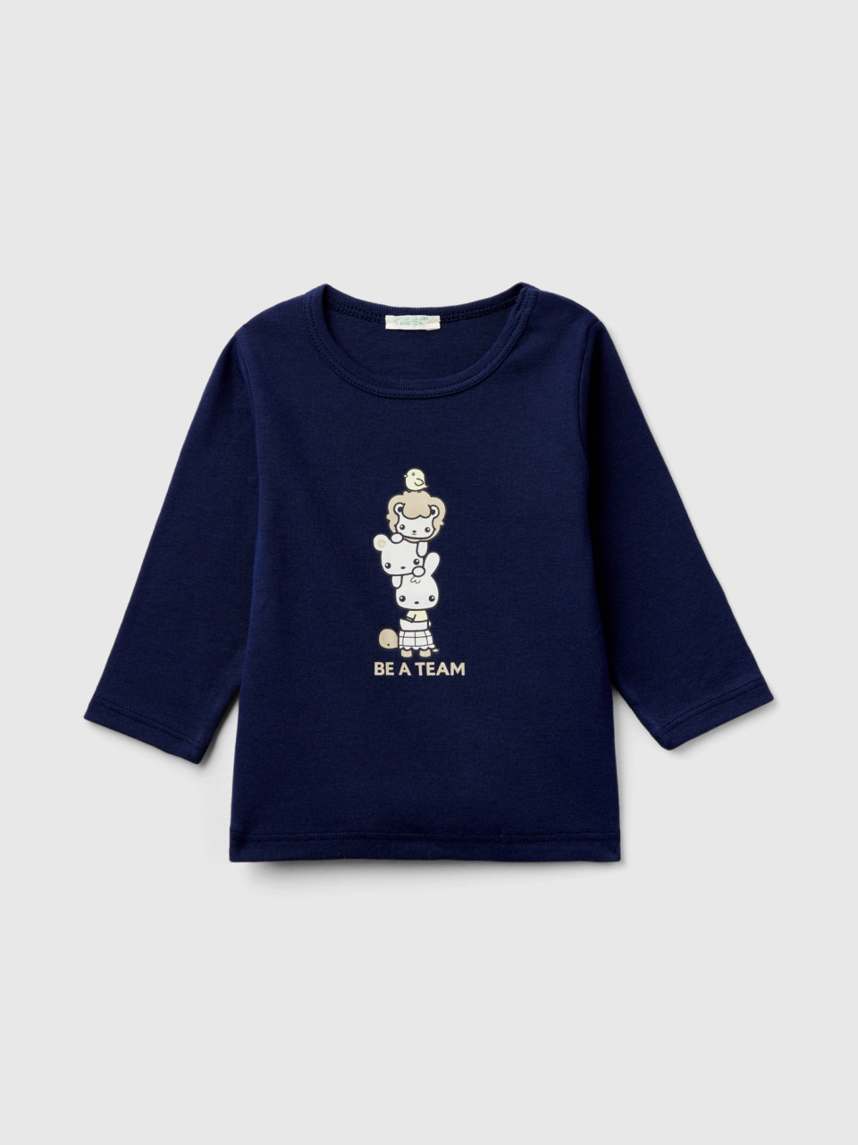 Benetton, T-shirt À Manches Longues En 100 % Coton Bio, Bleu Foncé, Enfants