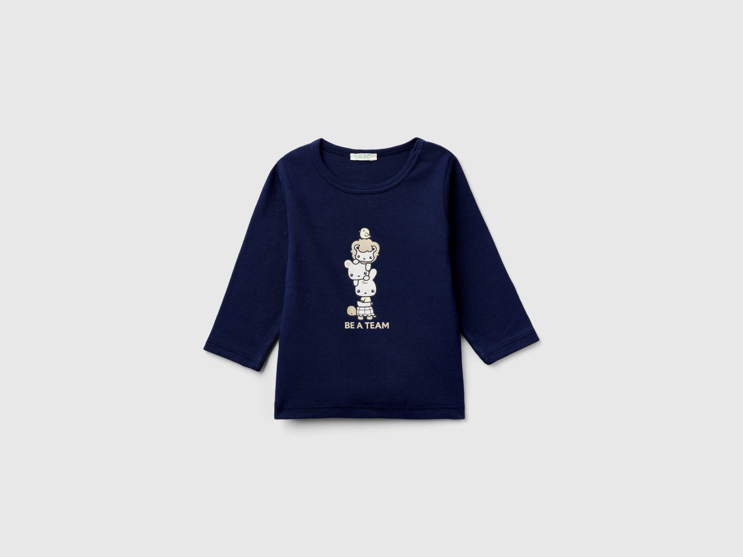 Image of Benetton, Long Sleeve 100% Organic Cotton T-shirt, size 82, Dark Blue, Kids