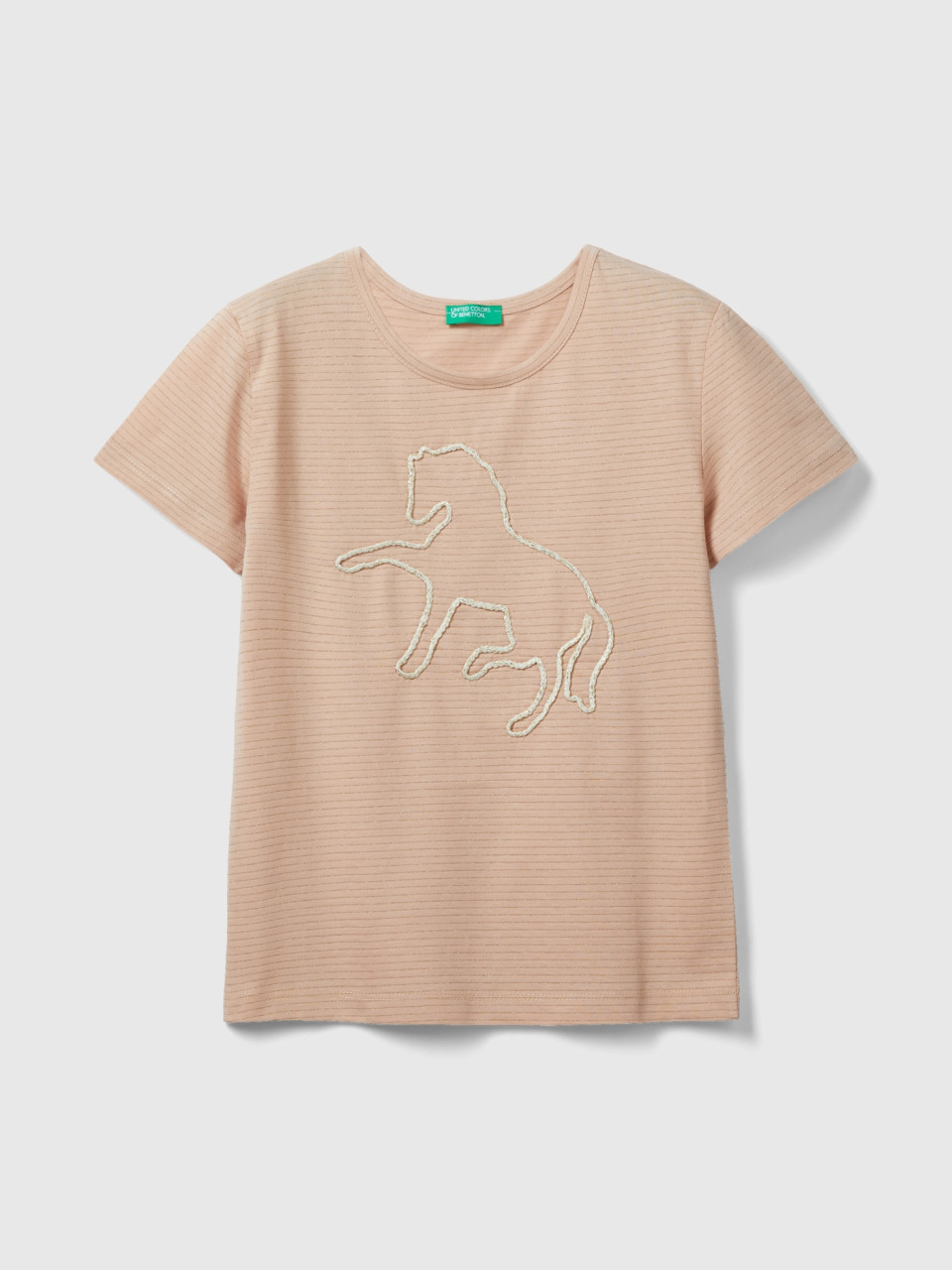 Benetton, T-shirt With Cord Embroidery, Soft Pink, Kids