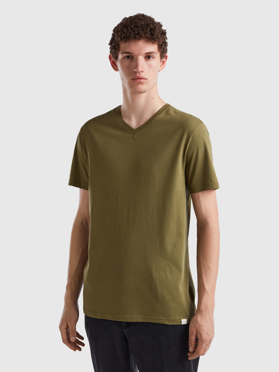 Benetton, T-shirt En Coton À Fibre Longue, Kaki, Homme