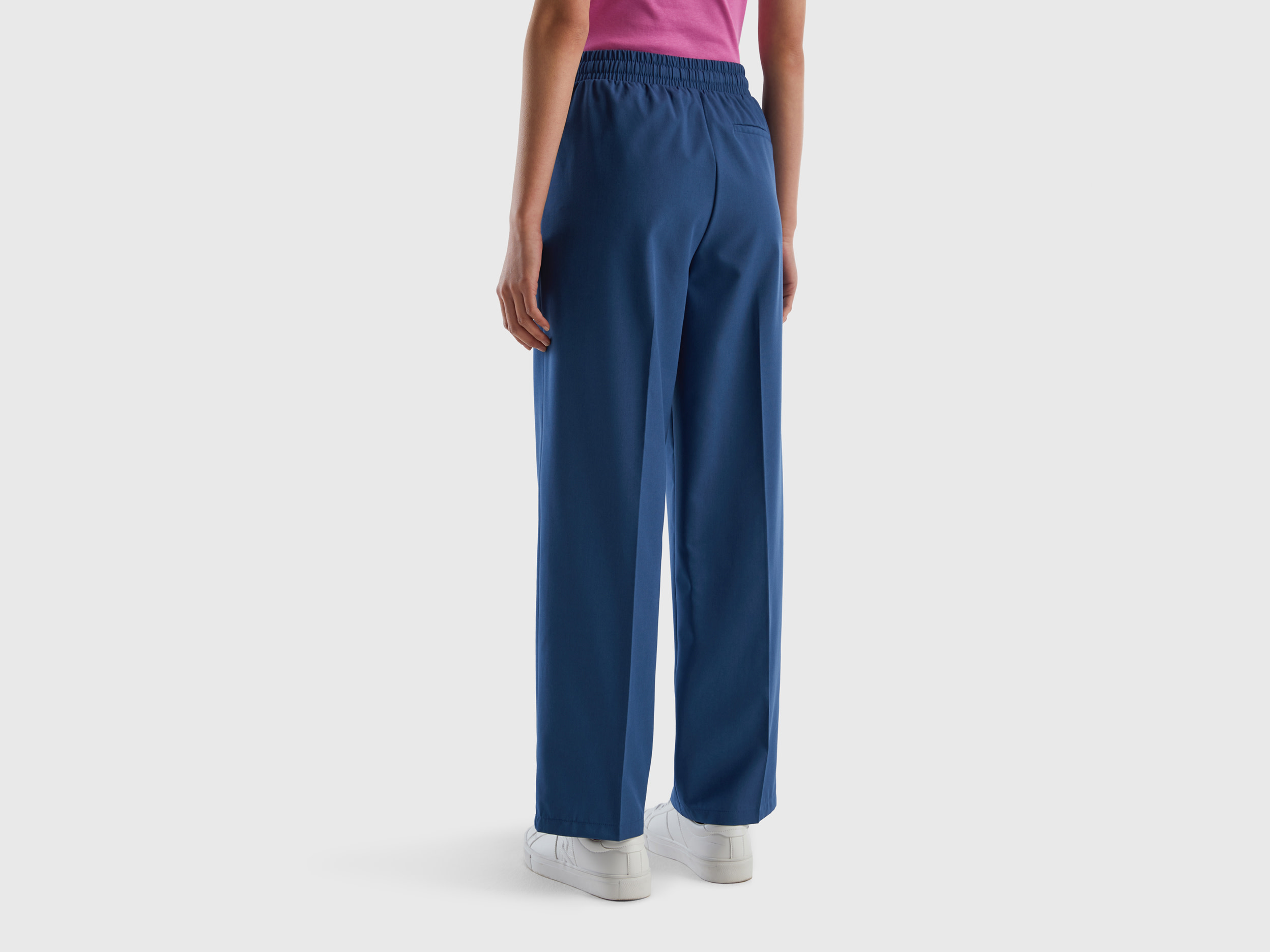 Benetton, Flowy Trousers With Drawstring, Taglia L, Blue, Women