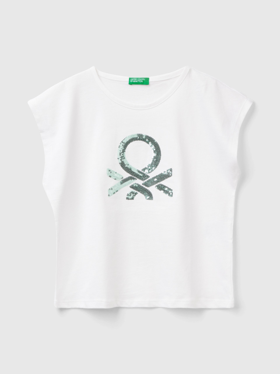 Benetton, Camiseta De Lentejuelas, Blanco, Niños