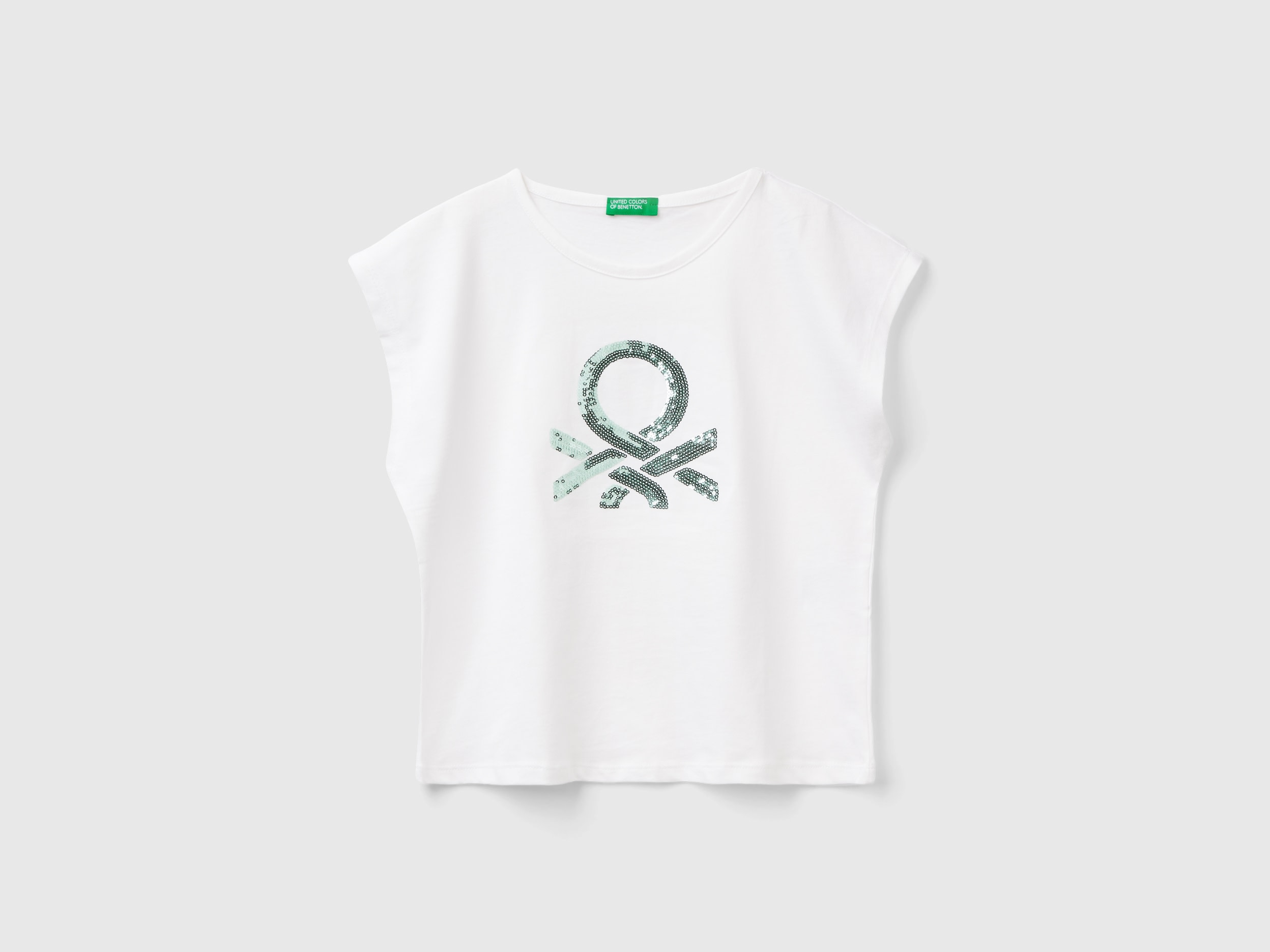 Benetton, T-shirt Con Stampa Logo Glitter, Bianco, Bambini product