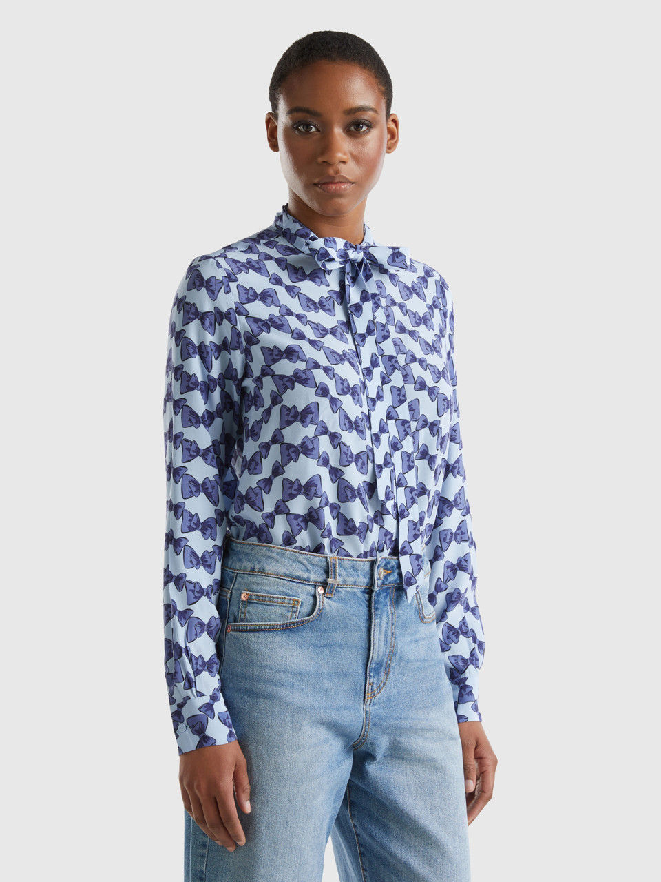 Benetton, Flowy Shirt With Bow Print, Sky Blue, Women
