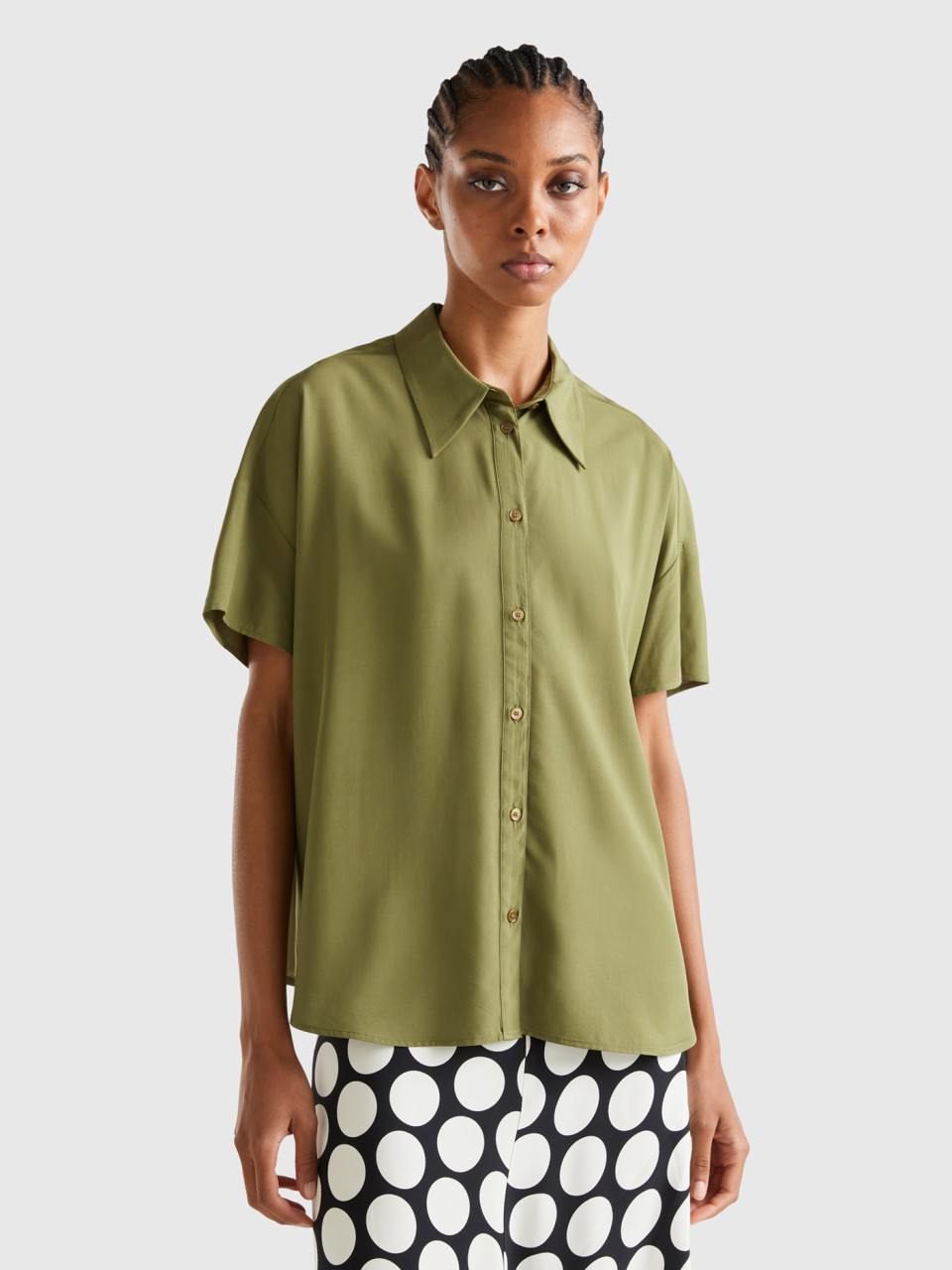 Benetton, Short Sleeve Shirt In Sustainable Viscose, Military Green, Women