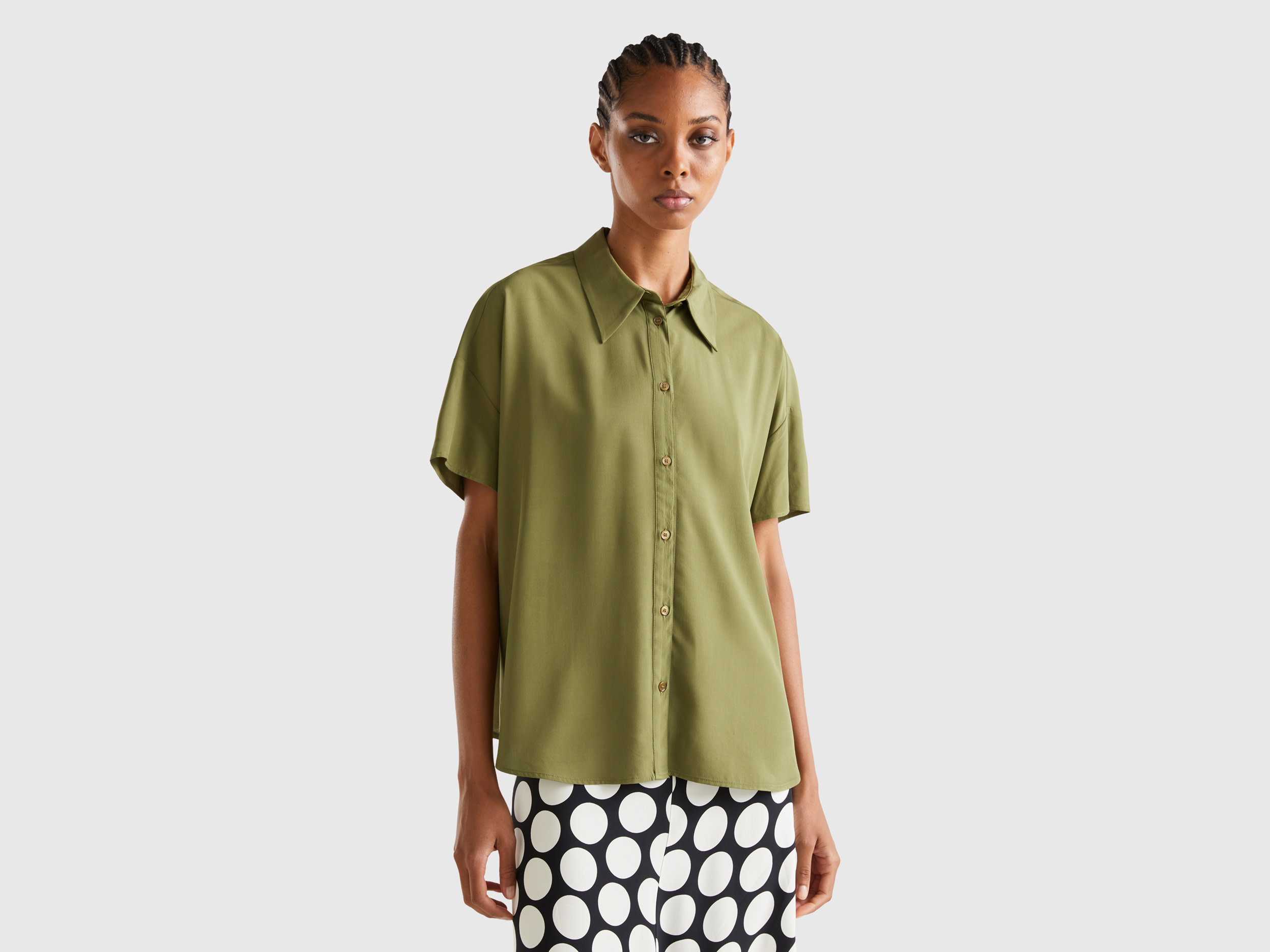 Benetton, Short Sleeve Shirt In Sustainable Viscose, size S, Military Green, Women