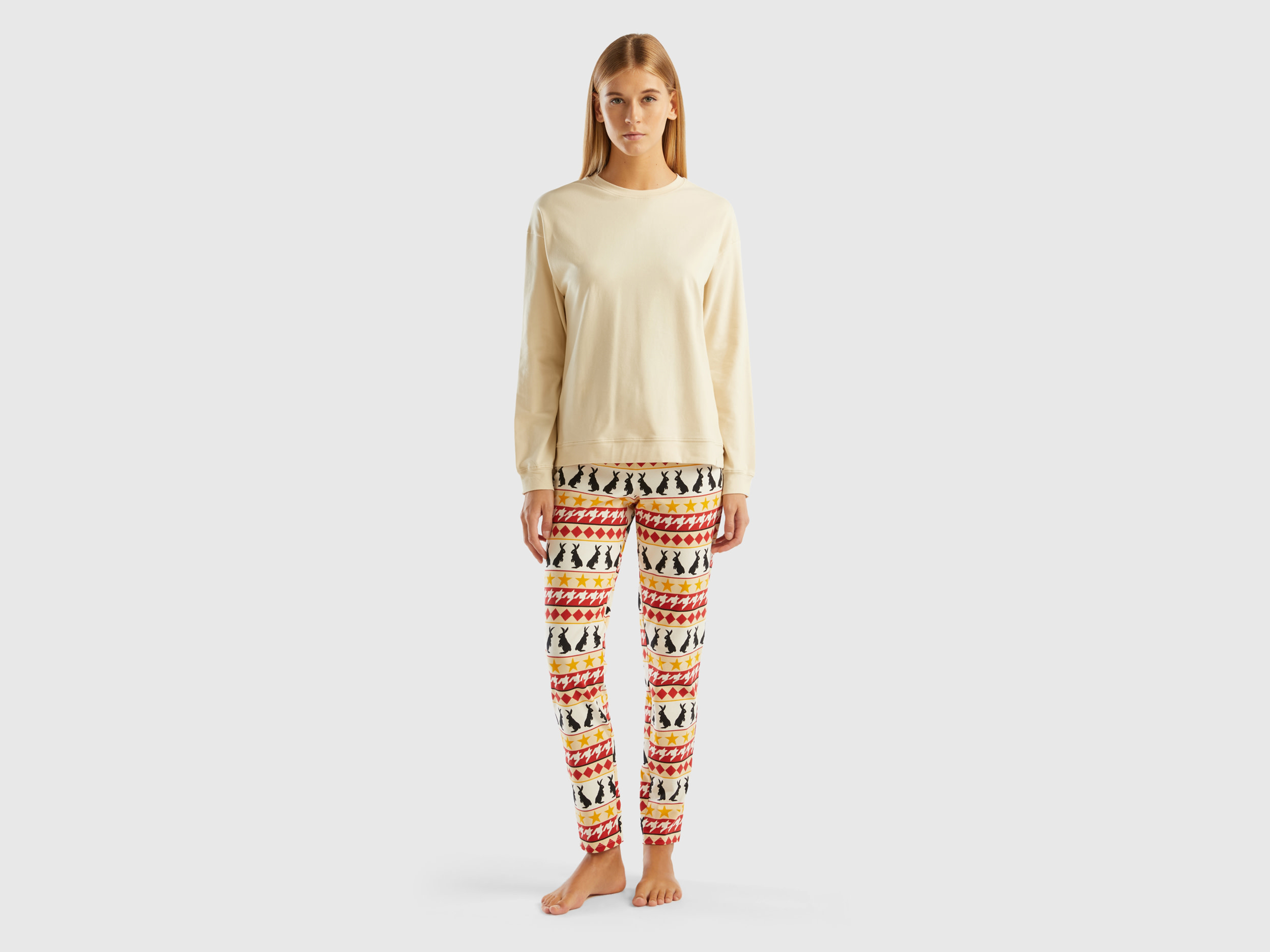 Benetton, Warm Stretch Cotton Pyjamas, size M, Beige, Women