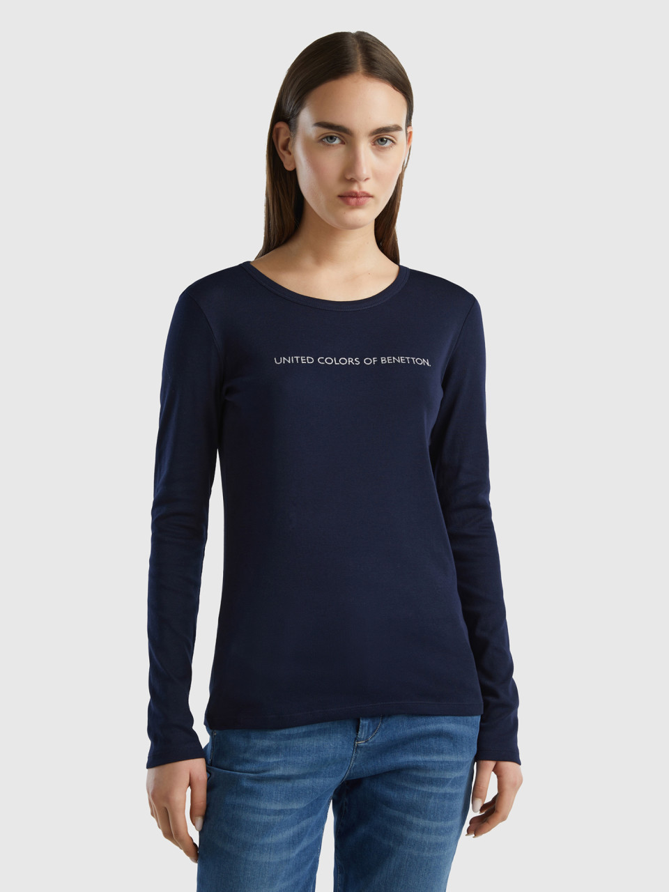 Benetton, Long Sleeve Dark Blue T-shirt In 100% Cotton, Dark Blue, Women