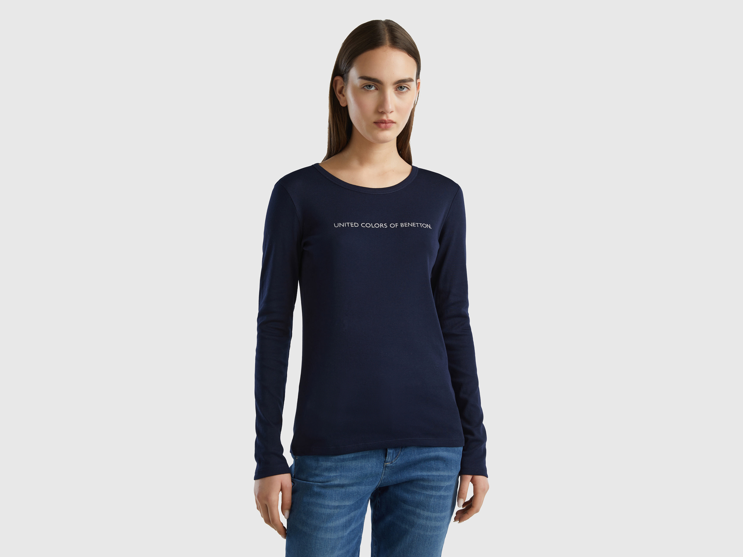 Benetton, Long Sleeve Dark Blue T-shirt In 100% Cotton, size XL, Dark Blue, Women