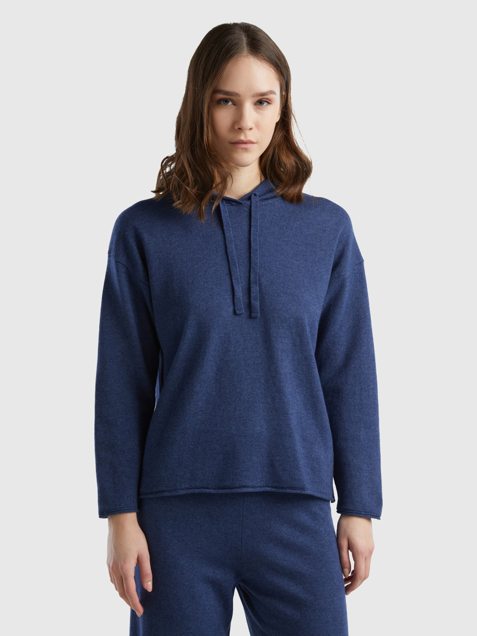 Benetton, Air Force Blue Cashmere Blend Sweater With Hood, Air Force Blue, Women