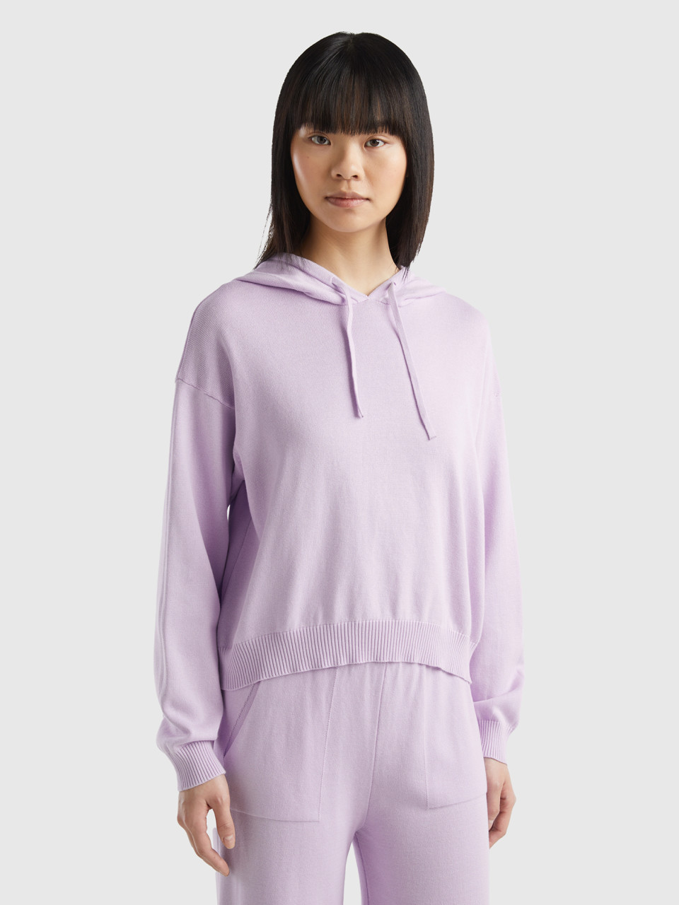 Benetton, Sweater With Hood And Drawstring, Lilac, Women
