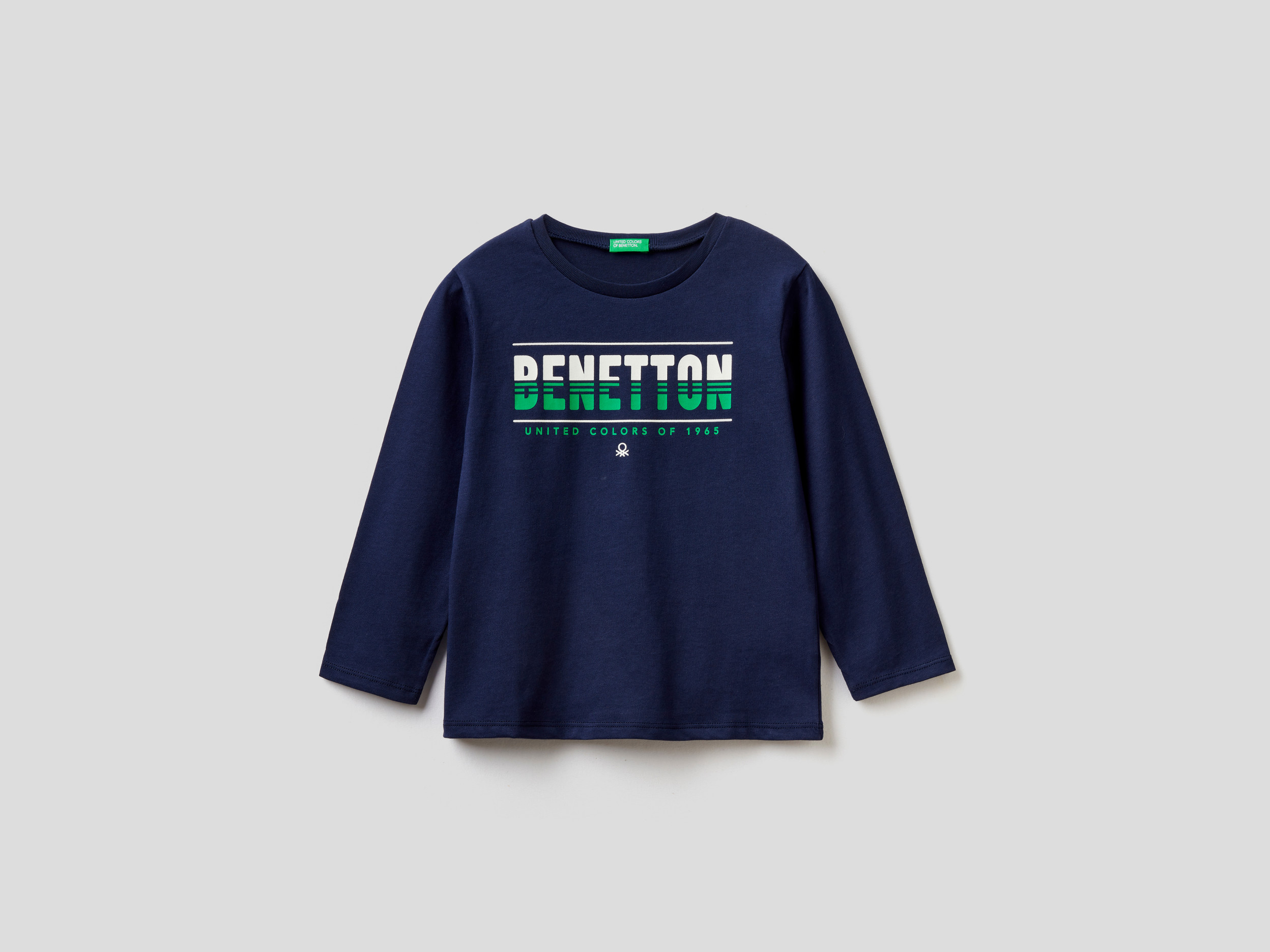 Benetton, T shirt Manica Lunga In Cotone Bio, Blu Scuro, Bambini