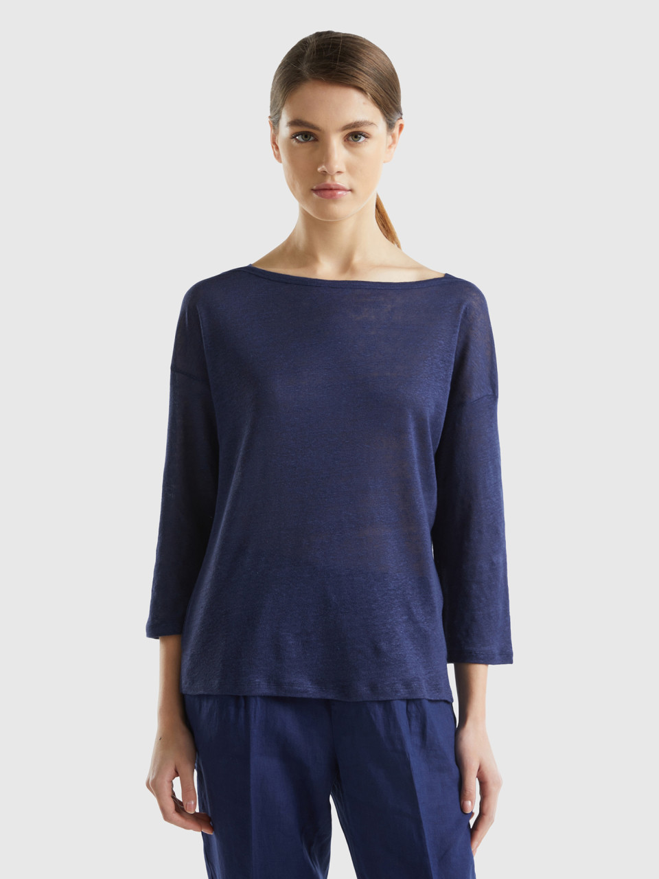 Benetton, 3/4 Sleeve T-shirt In Pure Linen, Dark Blue, Women