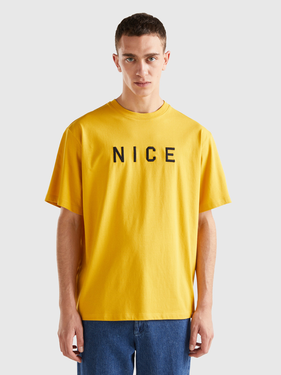 Benetton, T-shirt With Slogan Print, Yellow, Men