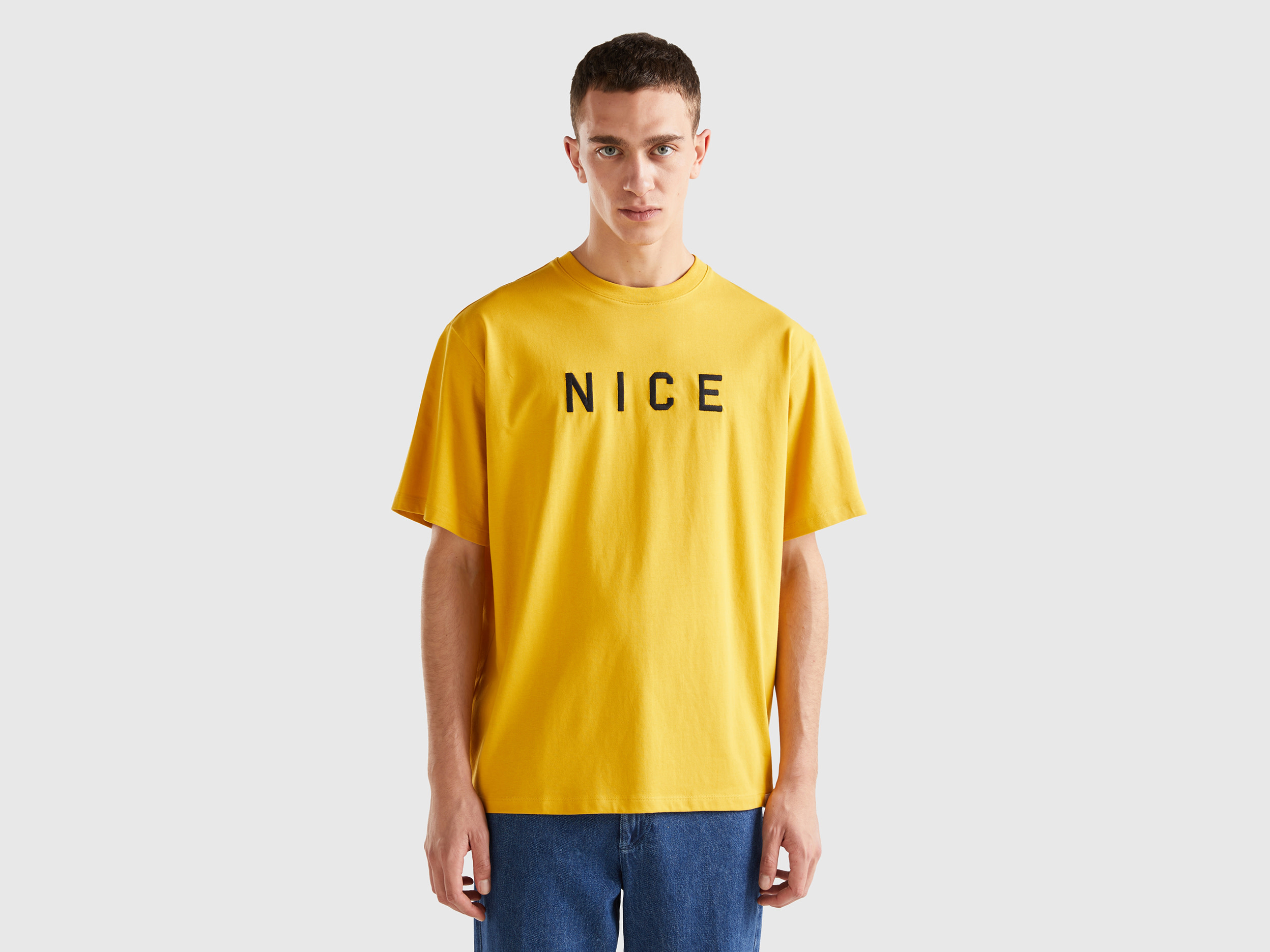 Benetton, T-shirt With Slogan Print, size XXL, Yellow, Men